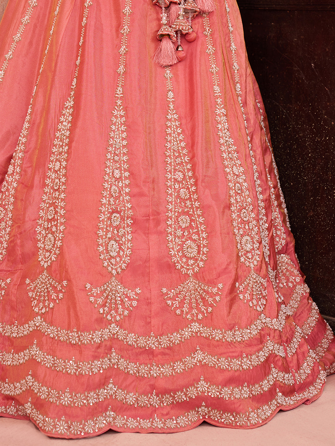 Peach Tissue Beads & Sequins Embroidered Lehenga Set