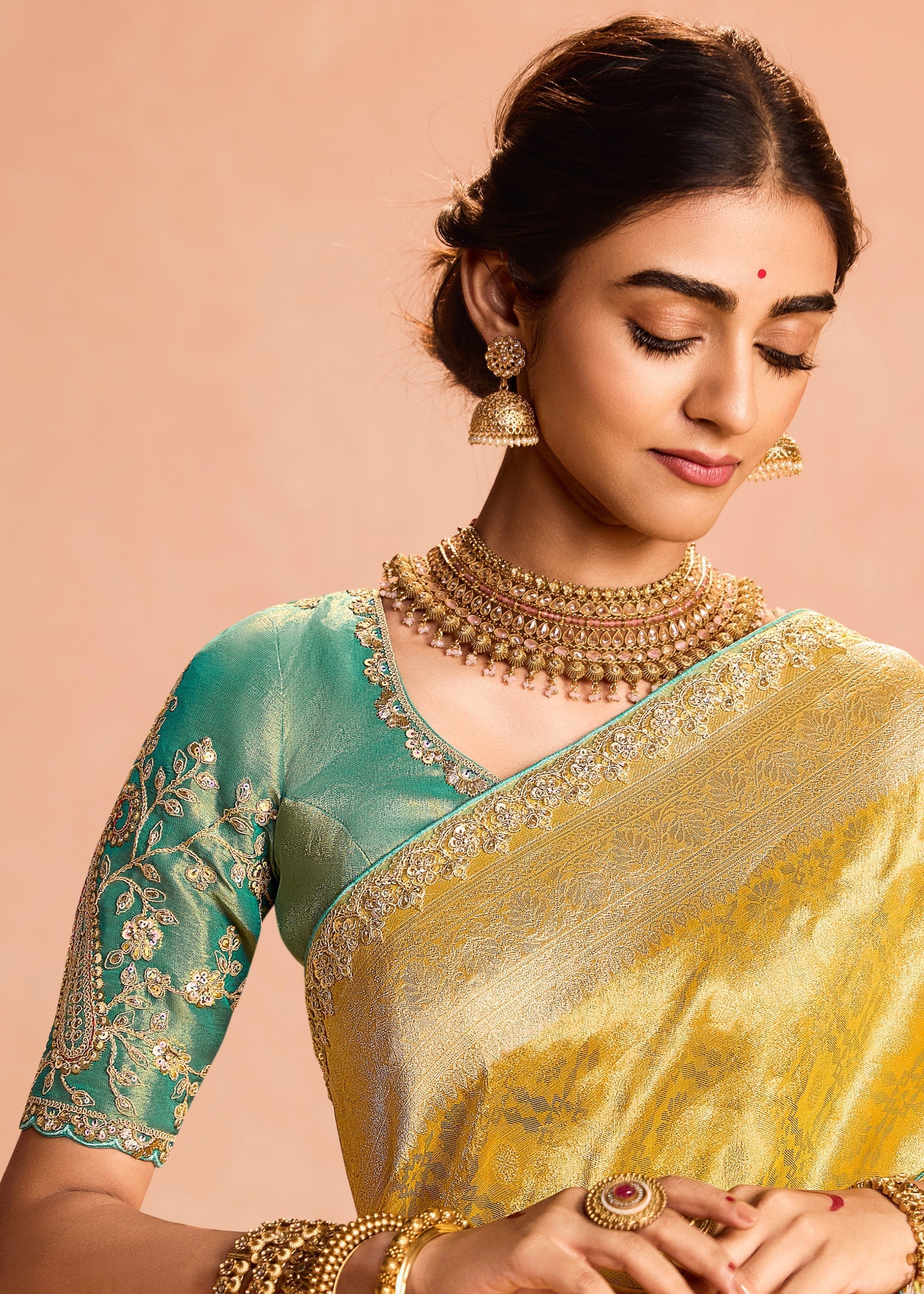 Butter Yellow Zari Tissue Silk Saree With Weaving Work And Heavy Embroidery Lace - qivii
