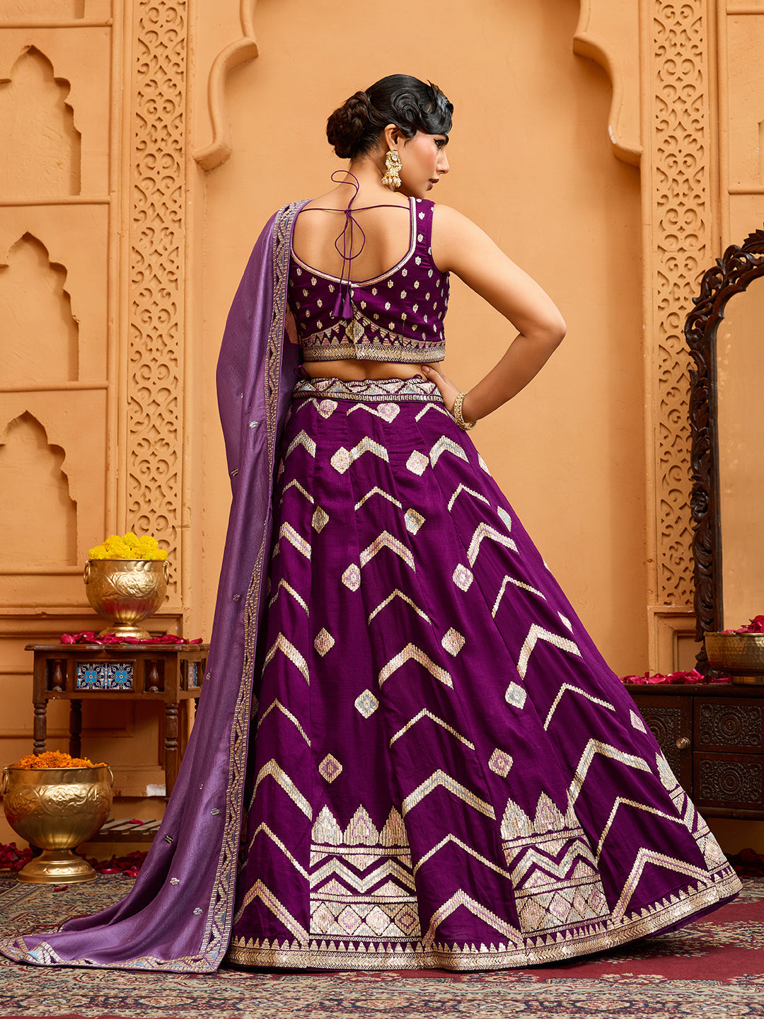 Burgundy- Silk Fabric Sequins embroidery Semi-Stitched Lehenga & Unstitched Blouse With Dupatta - qivii