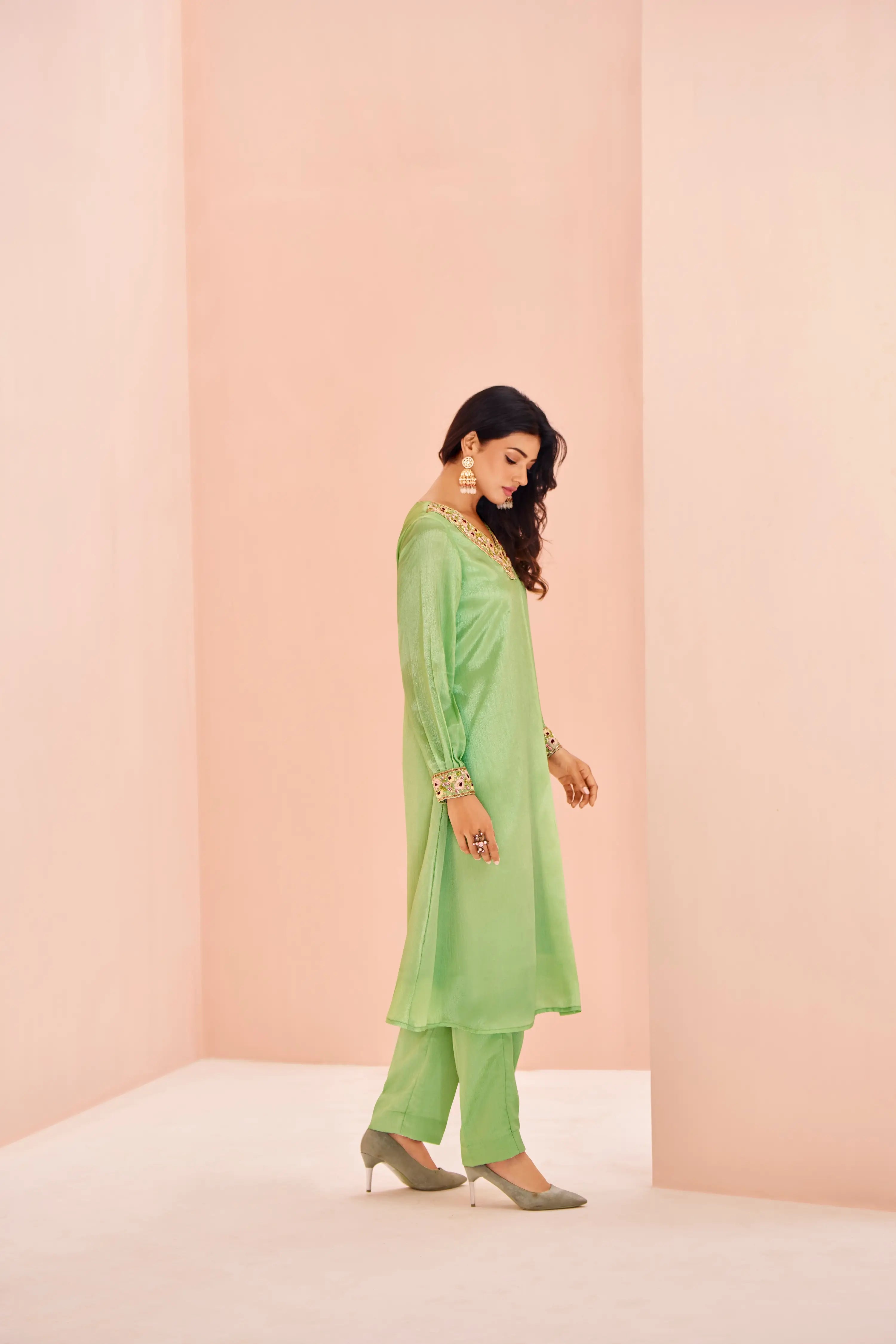 Pista Green Chinon Salwar Suit With Handwork - qivii