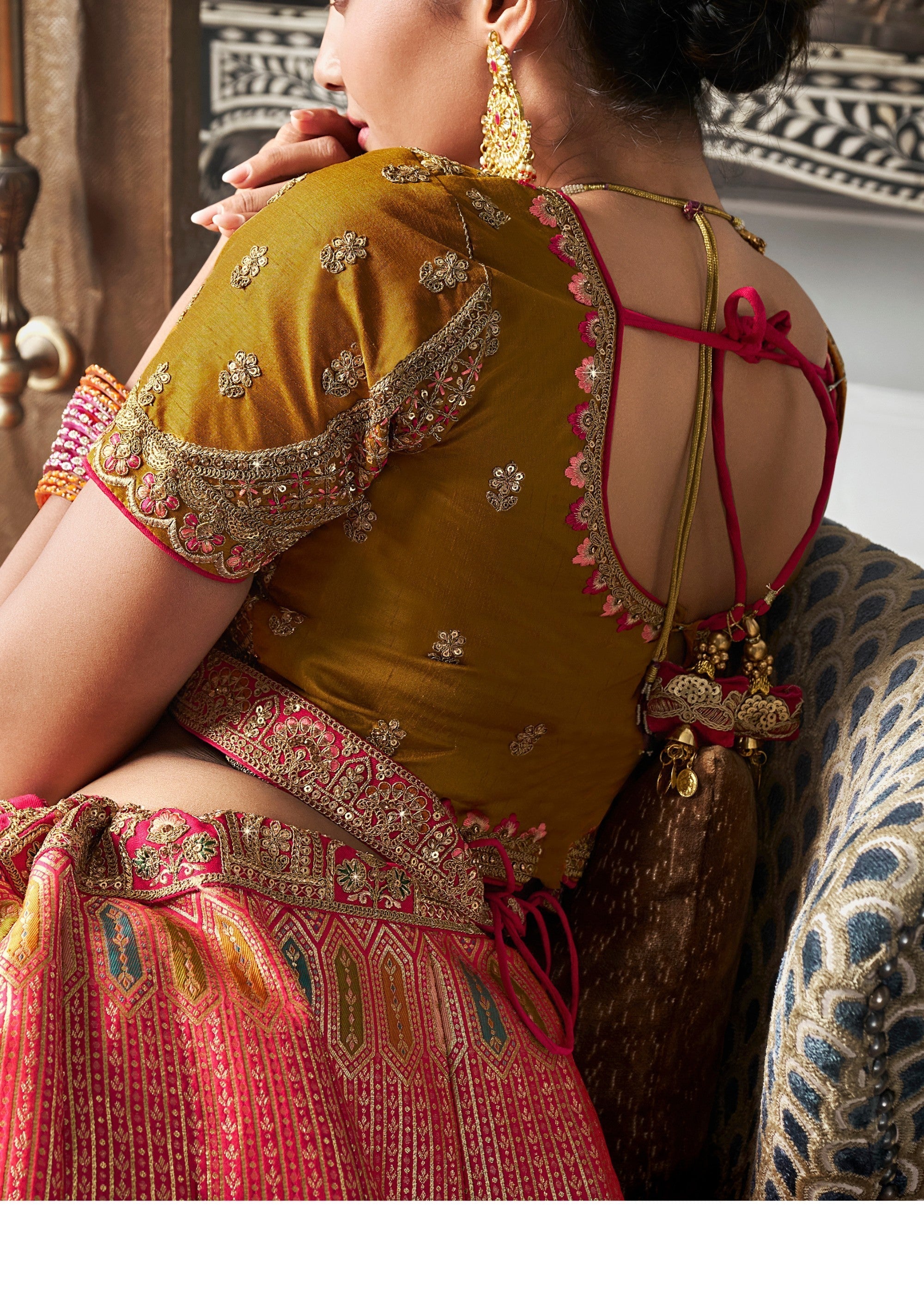 Mustard Yellow & Orange Banarasi Silk Lehenga with Zarkan Codding work | Ready To Wear - qivii