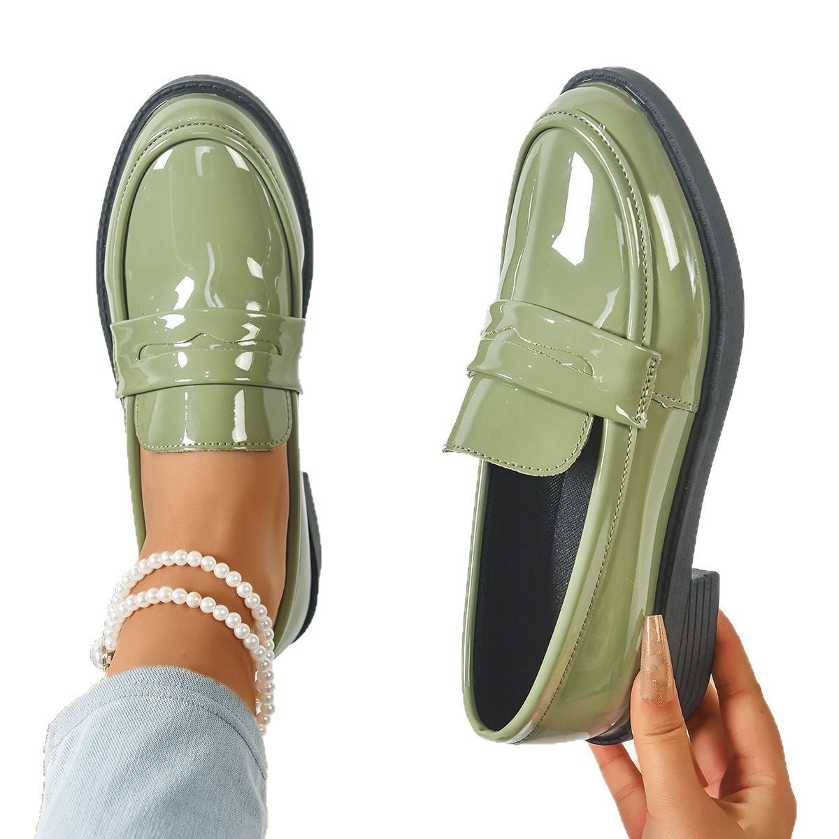 Women's Plus Size Gloss Chunky Heel Loafers Lacquer-Finish Slip-Ons
