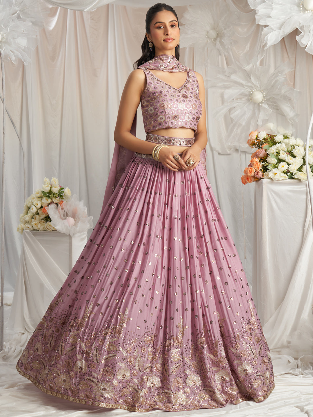 Rosegold - Golden Dull-Bright Sequin,Golden-Sliver Threaded Embroidered Georgette Semi-Stitched Lehenga choli - qivii