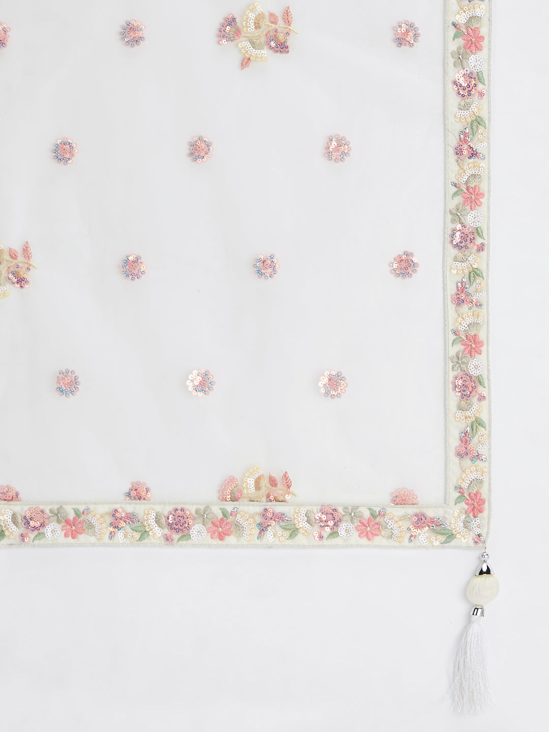 Cream - Multi-Sequins & Thread Work Embroidery Net Semi-Stitched Lehenga - qivii