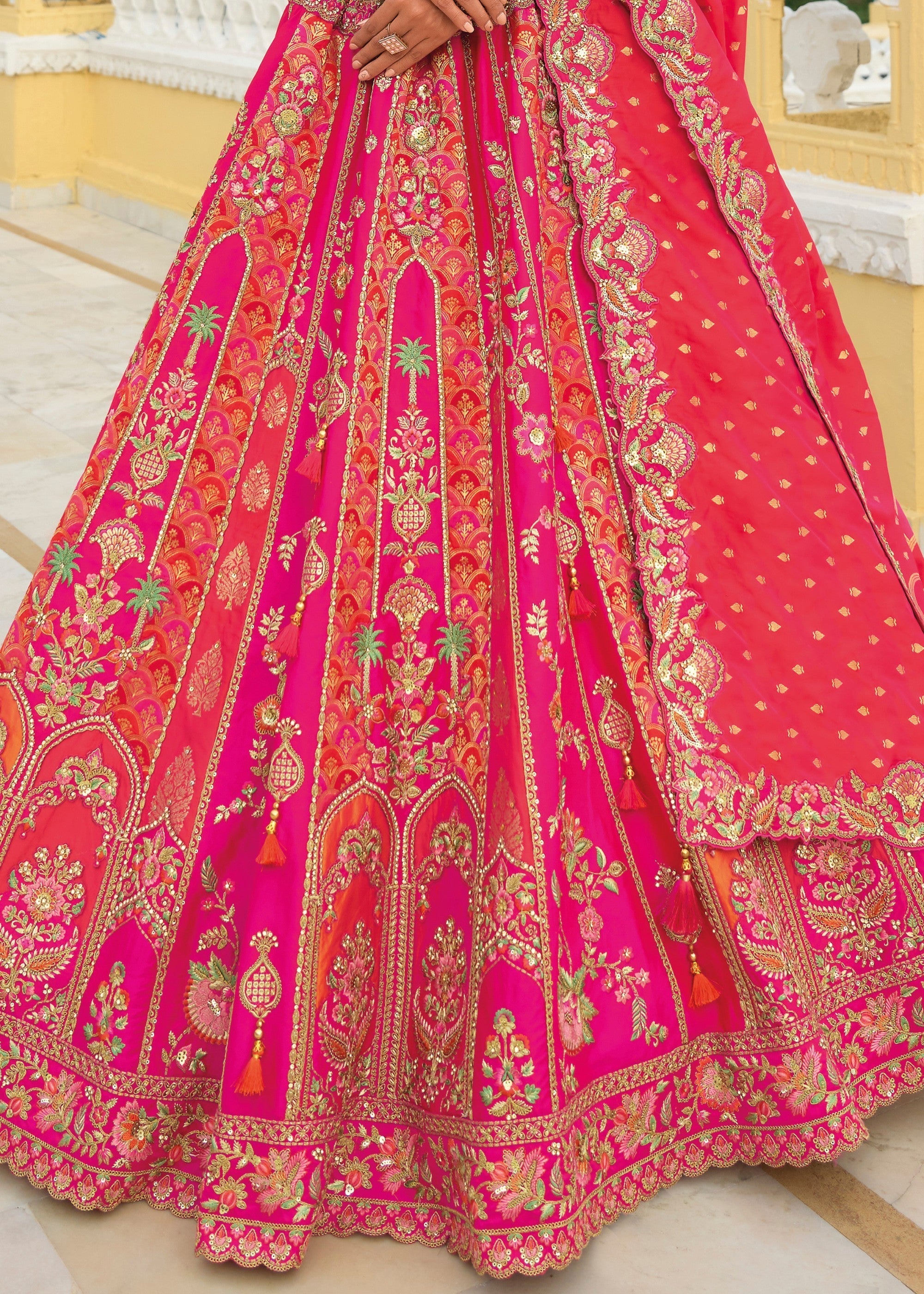 Magenta Pink And Orange Banarasi Silk Lehenga With Heavy Embroidery Work | Ready To Wear - qivii