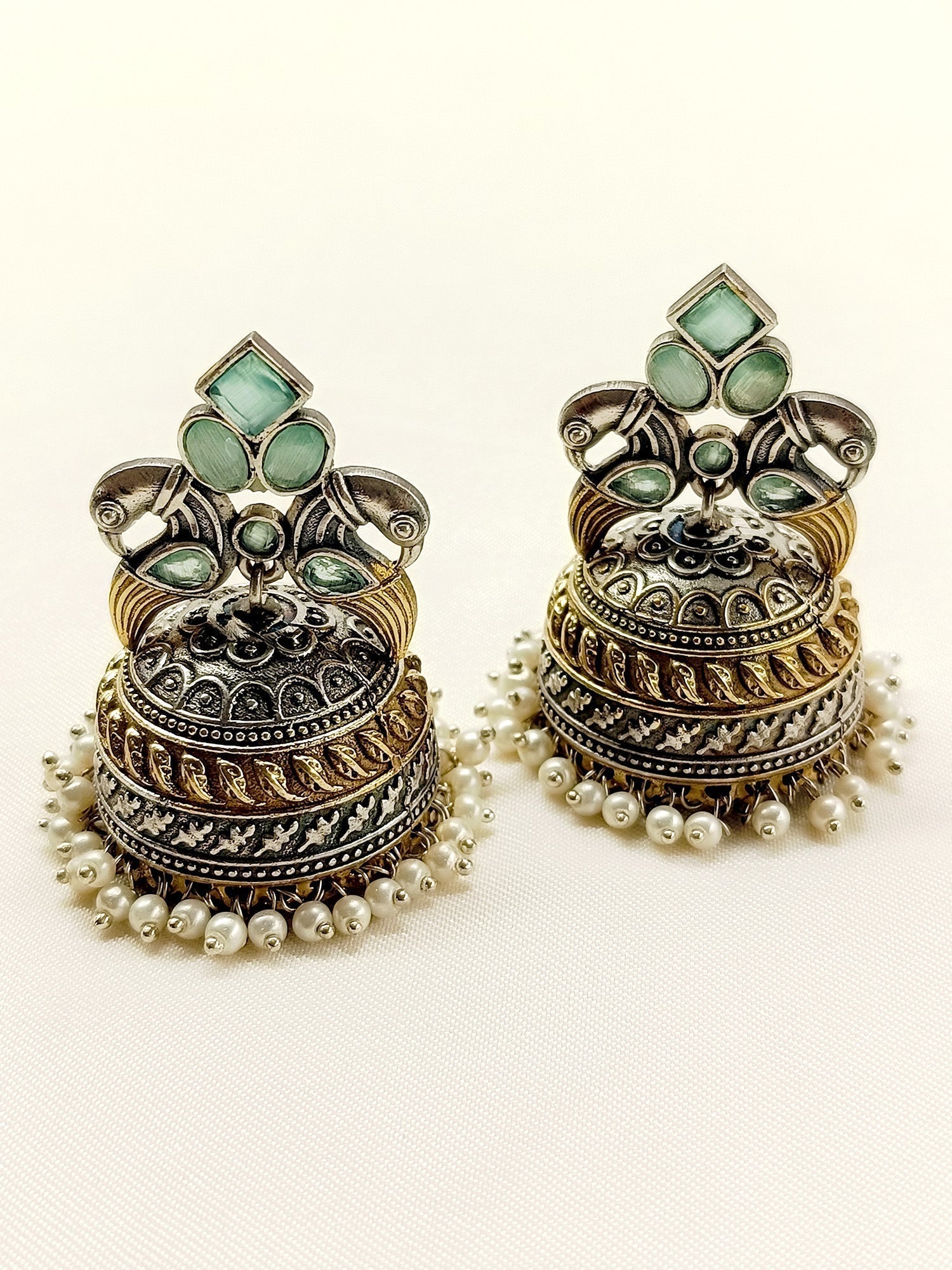 Lintang Mint Green Peacock Oxidized Jhumki - qivii