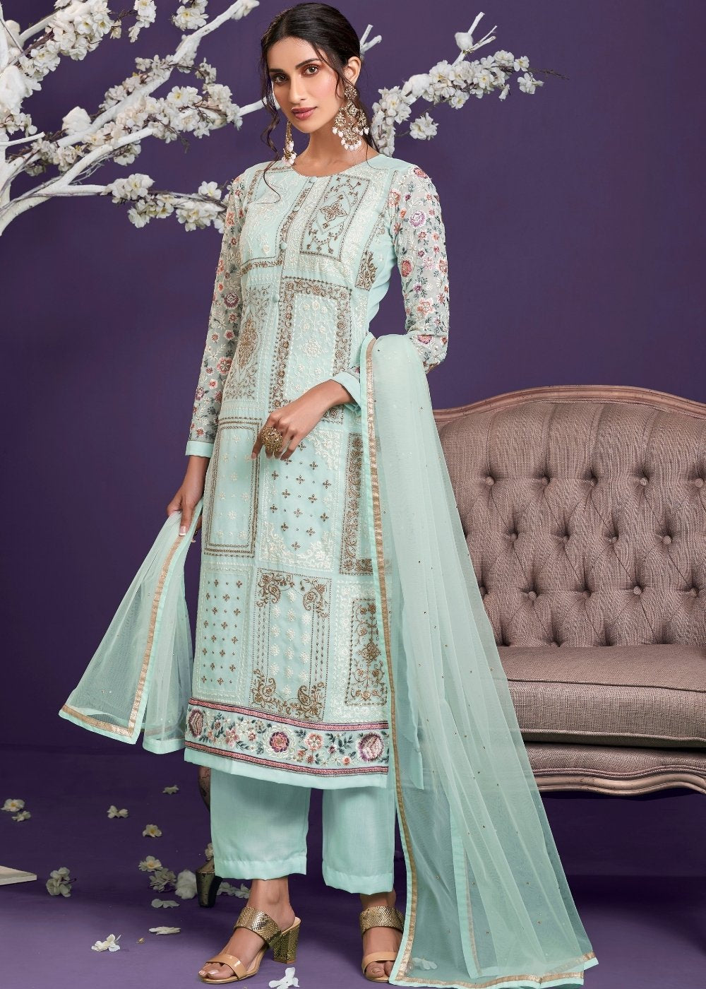 Sky Blue Georgette Salwar Suit with Thread, Zari & Sequence work - qivii