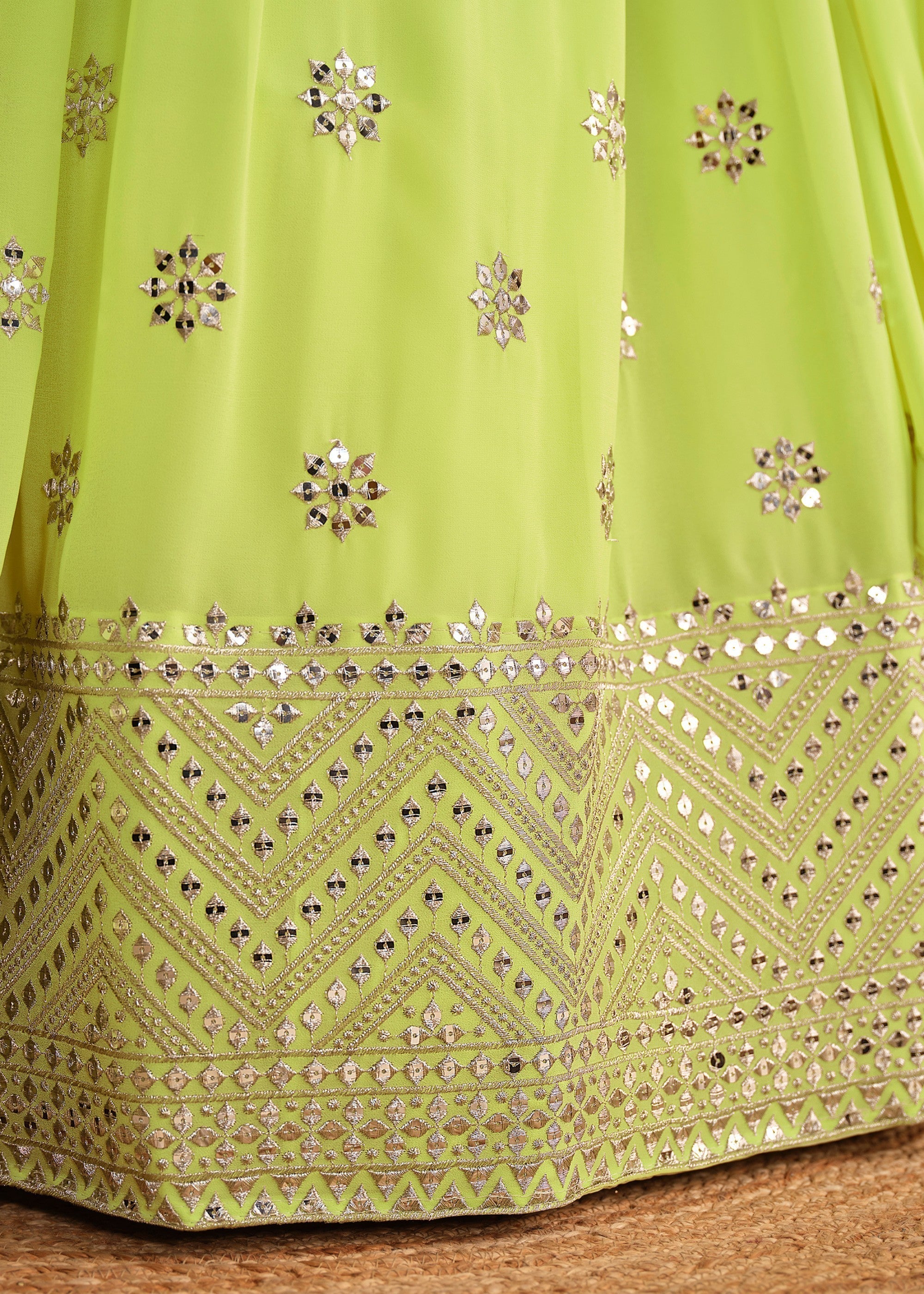 Neon Green Georgette Lehenga Choli With Sequins Zari Embroidered Work | Ready To Wear - qivii