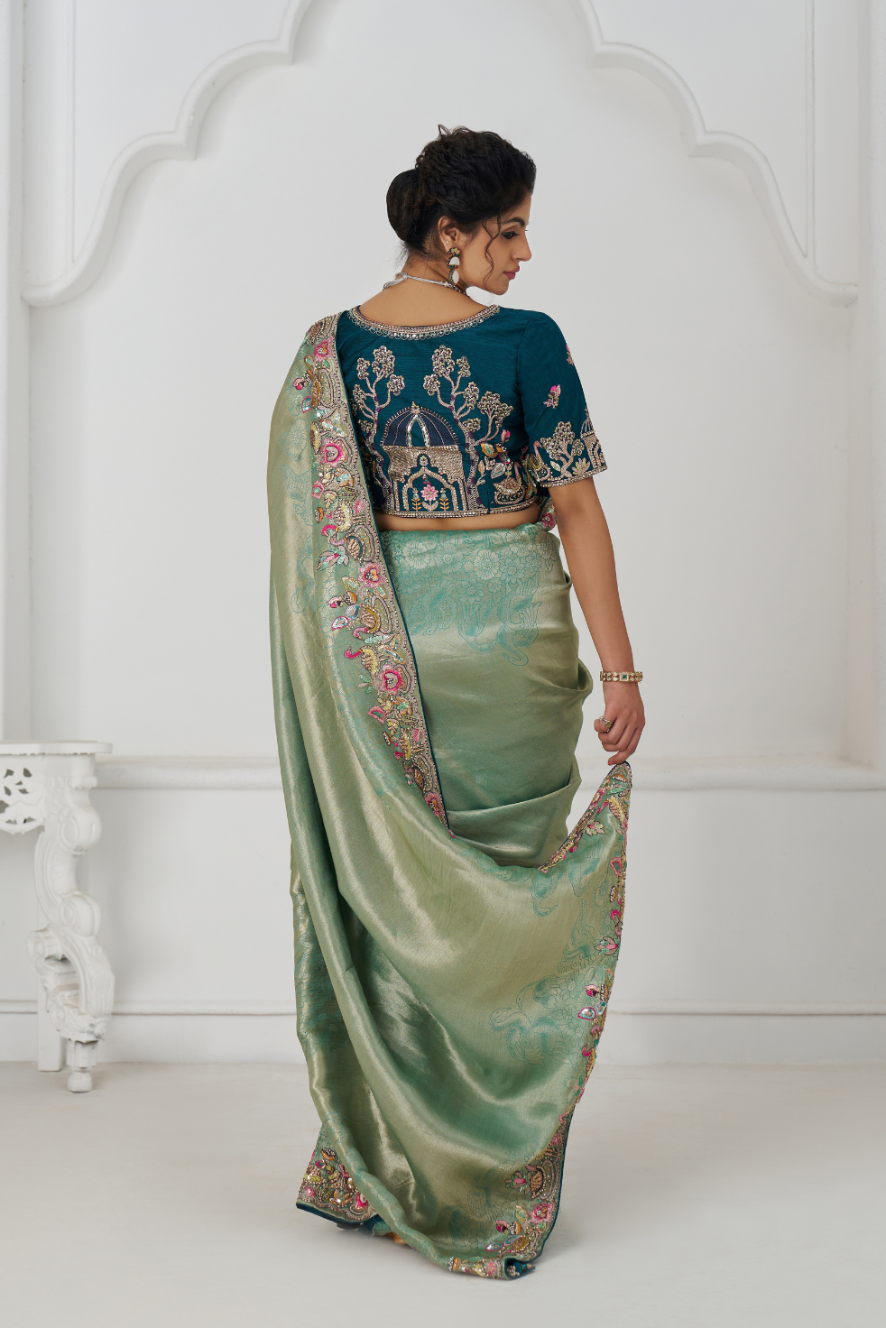 Trending Reception Green Color Saree With Multi-thread Embroidery - qivii