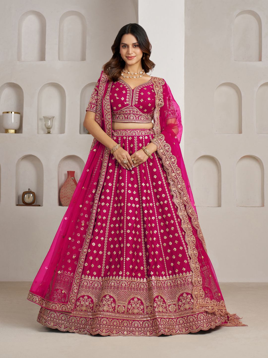 Elegant Rani Bridal Lehenga with Double Dupatta Styling