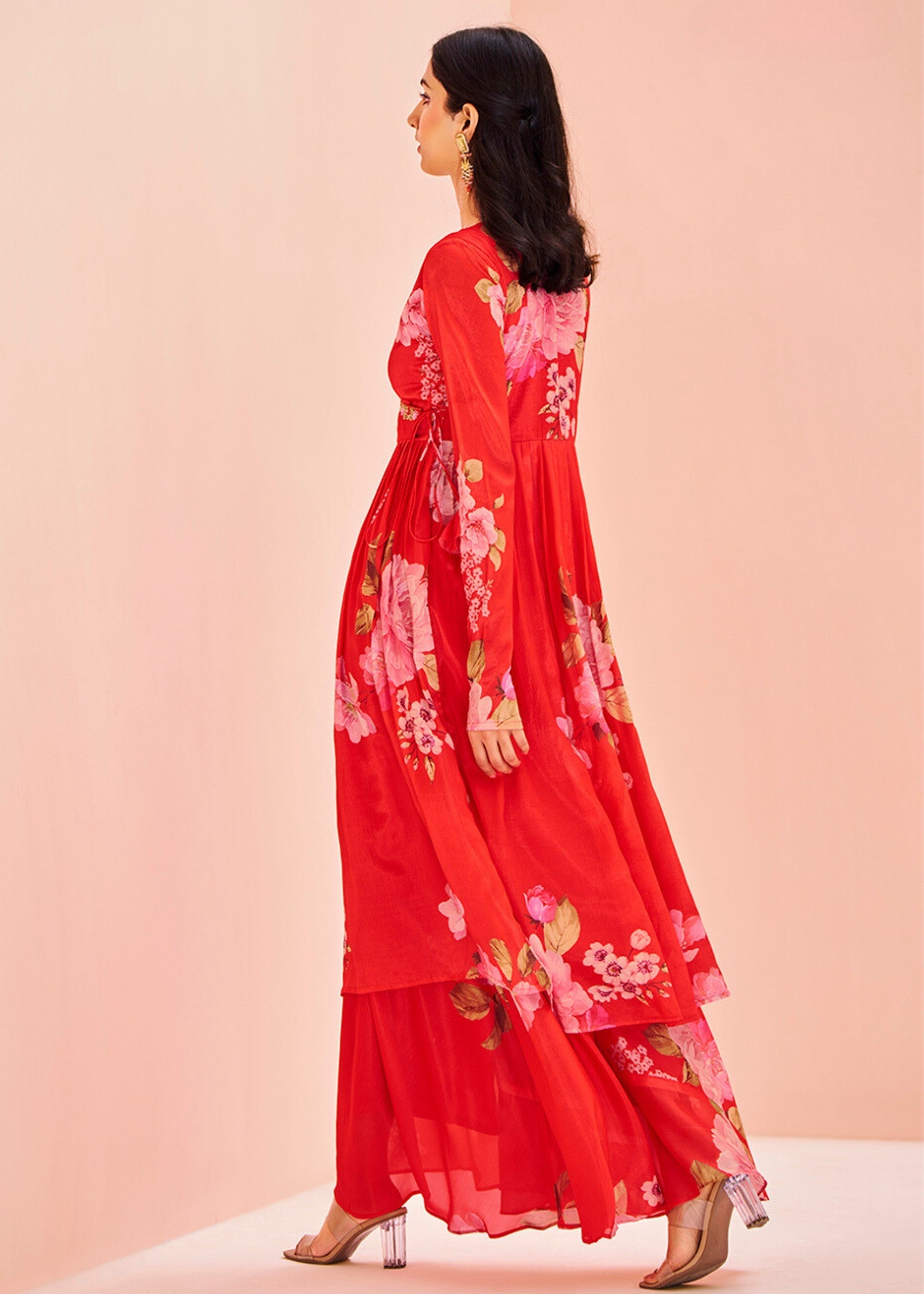 Chinon Red Handwork Kurta with Pant - qivii