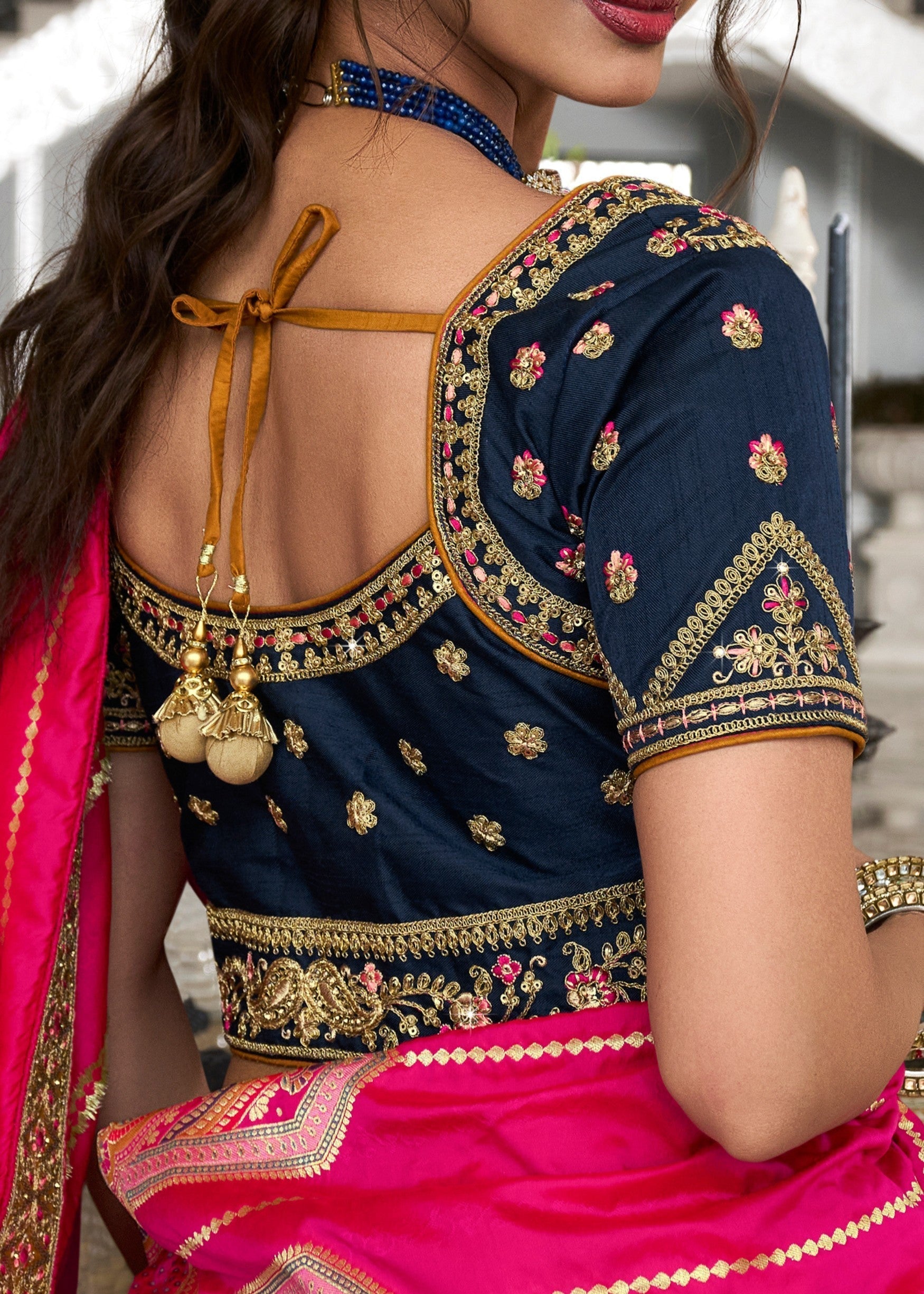 Dark Blue & Bright Pink Banarasi Silk Lehenga with Zarkan Codding work | Ready To Wear - qivii