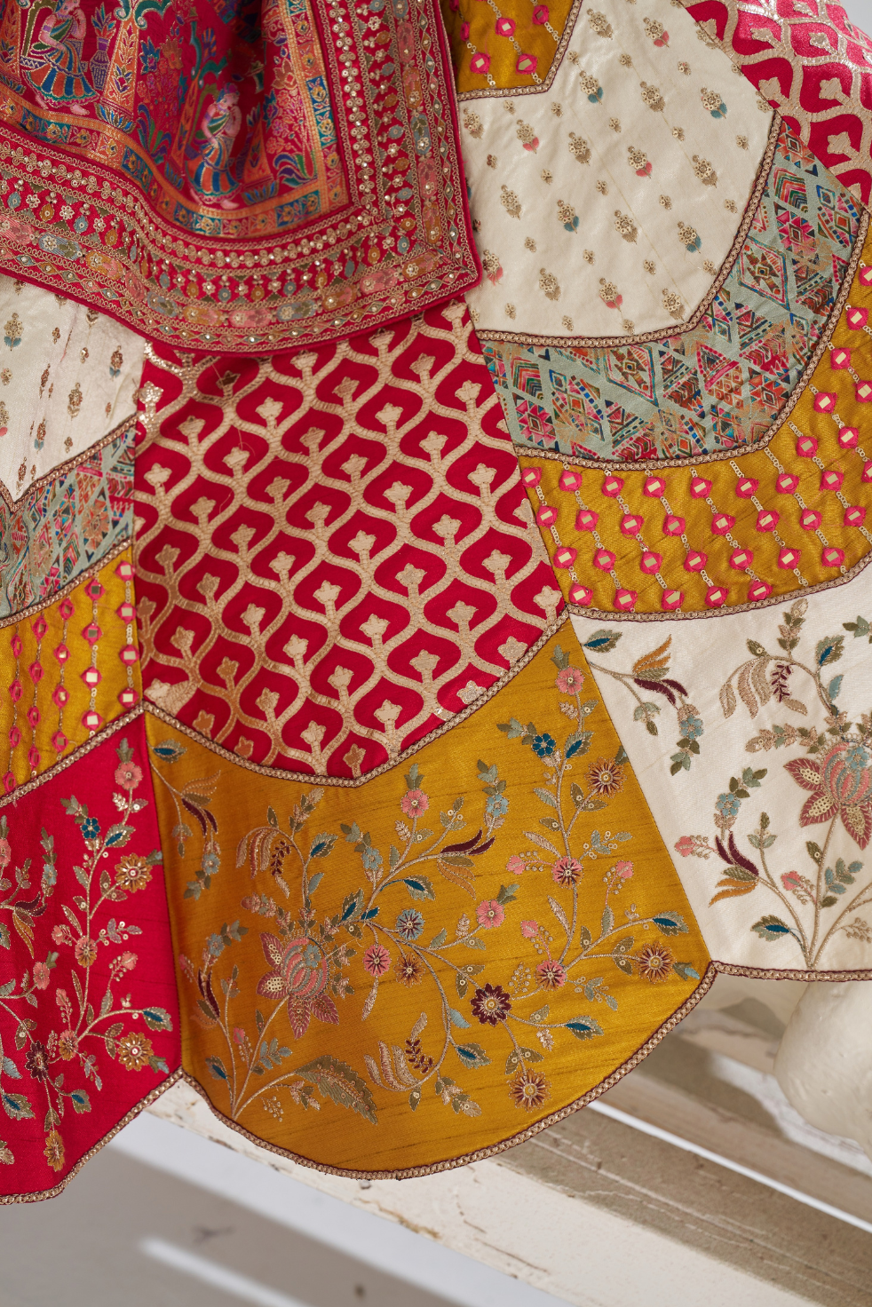 Multicolor Banarsi Mosaic Bridal Lehenga with Scalloped Design - qivii