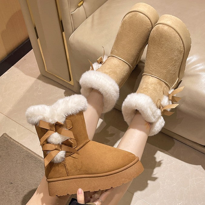 Women's Bow-Knit Cozy Winter Boots - Shearling Lined Chunky Platform Snow Boots (US 5-9.5)