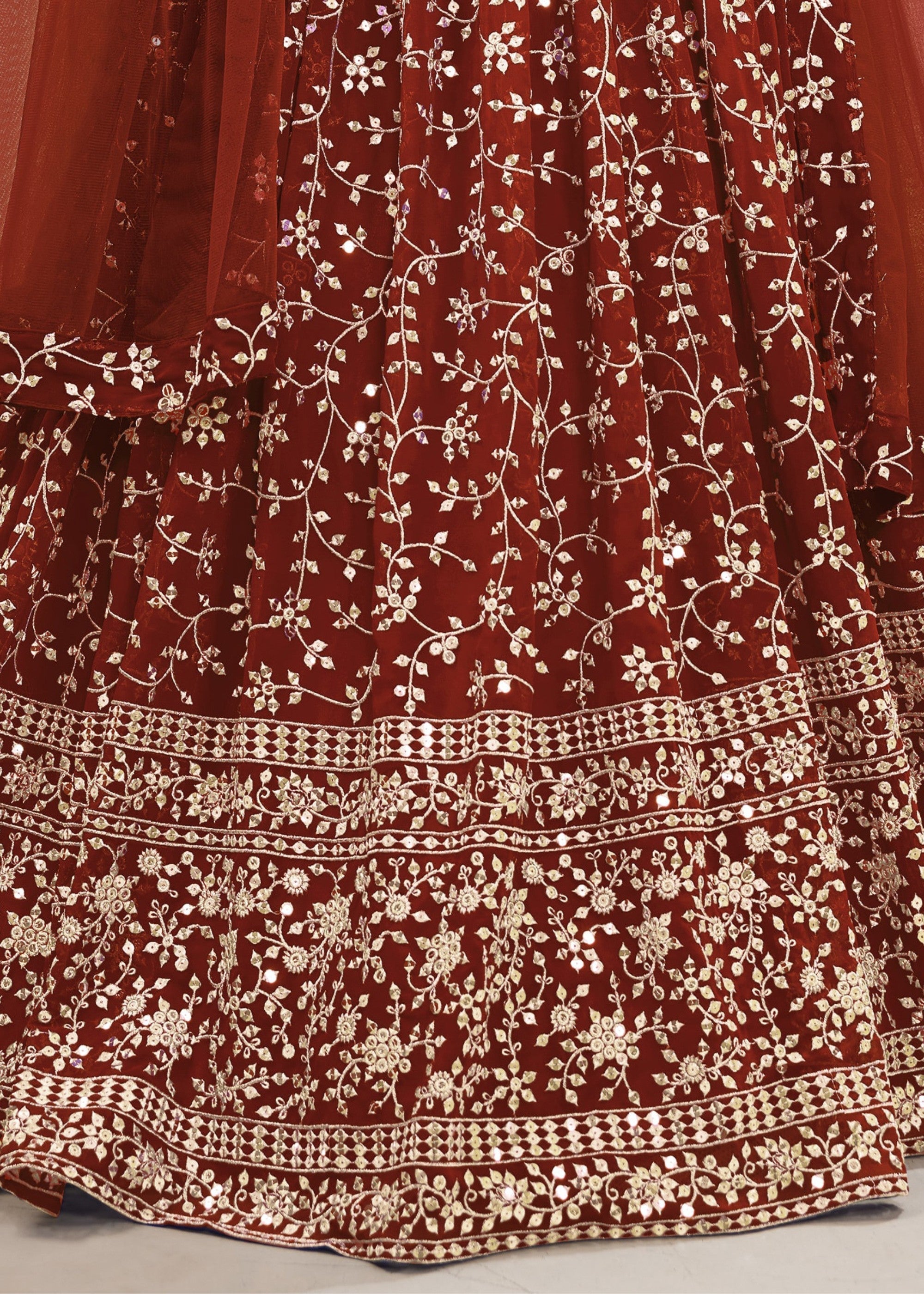 Maroon Red Georgette Lehenga Choli With Sequins Zari Embroidered Work | Ready To Wear - qivii