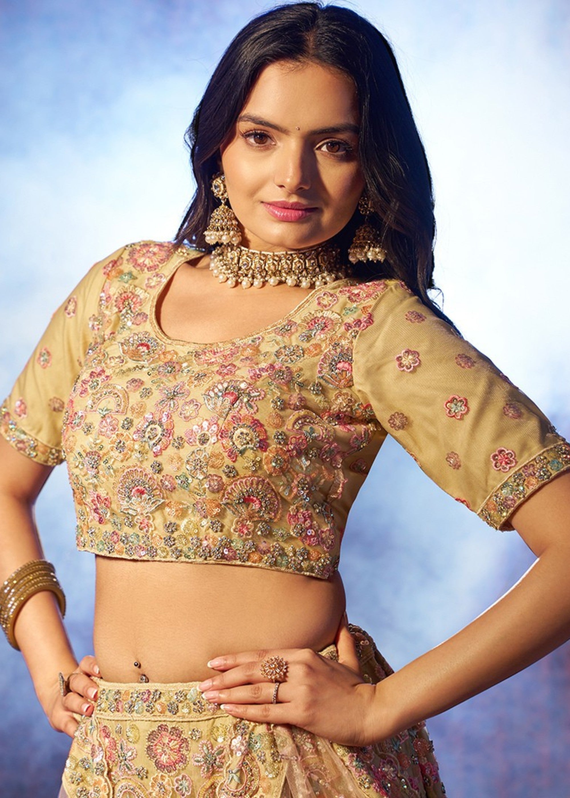Beige Sequins Thread work Net Lehenga | Ready To Wear - qivii