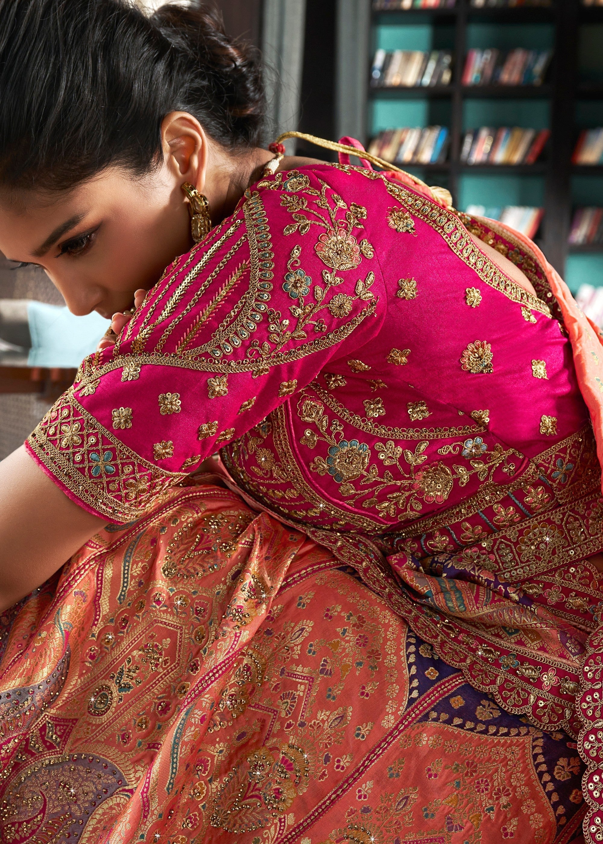 Coral Pink Banarasi Silk Lehenga with Zarkan Codding work | Ready To Wear - qivii