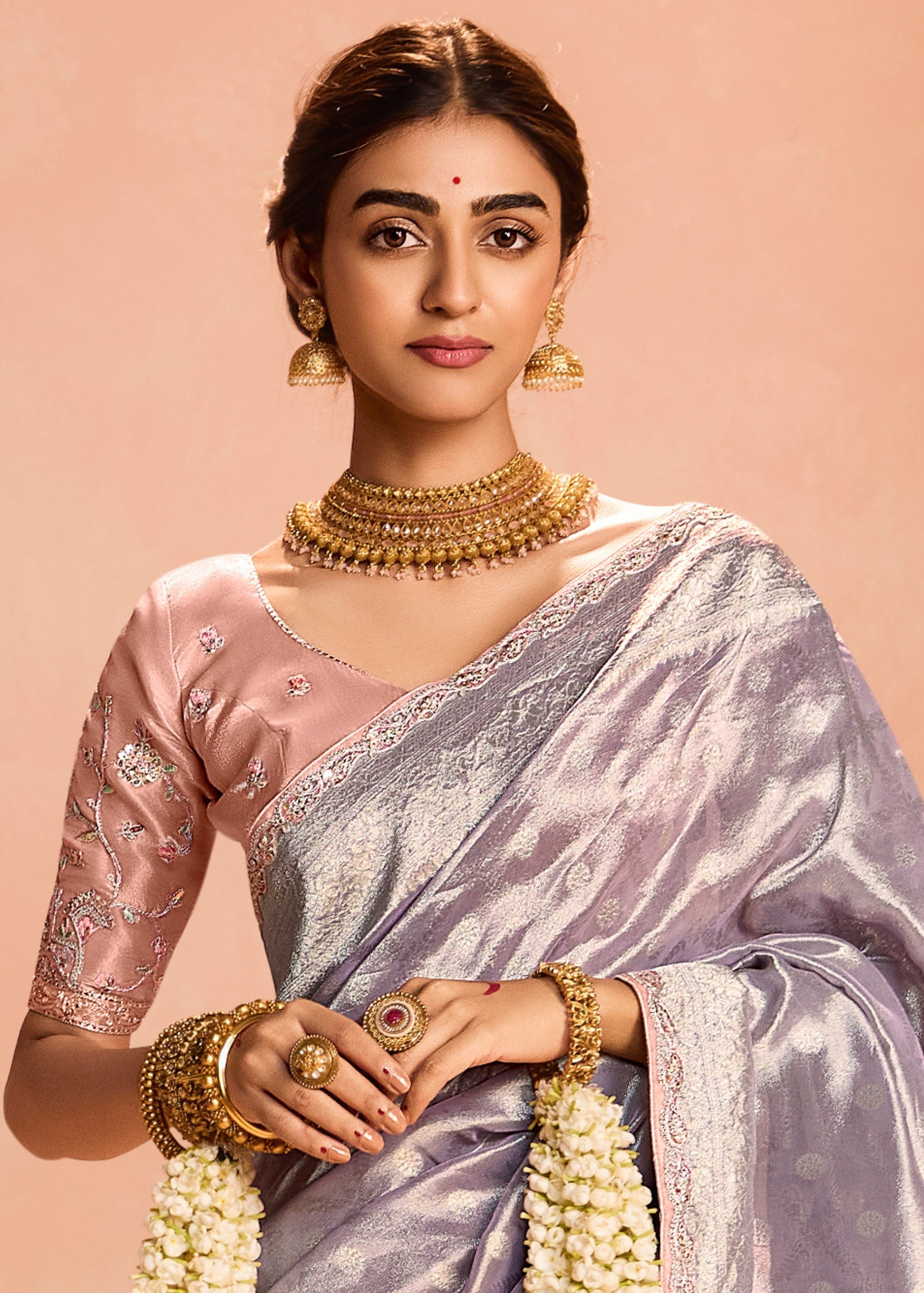Periwinkle Purple Zari Tissue Silk Saree With Weaving Work And Heavy Embroidery Lace - qivii
