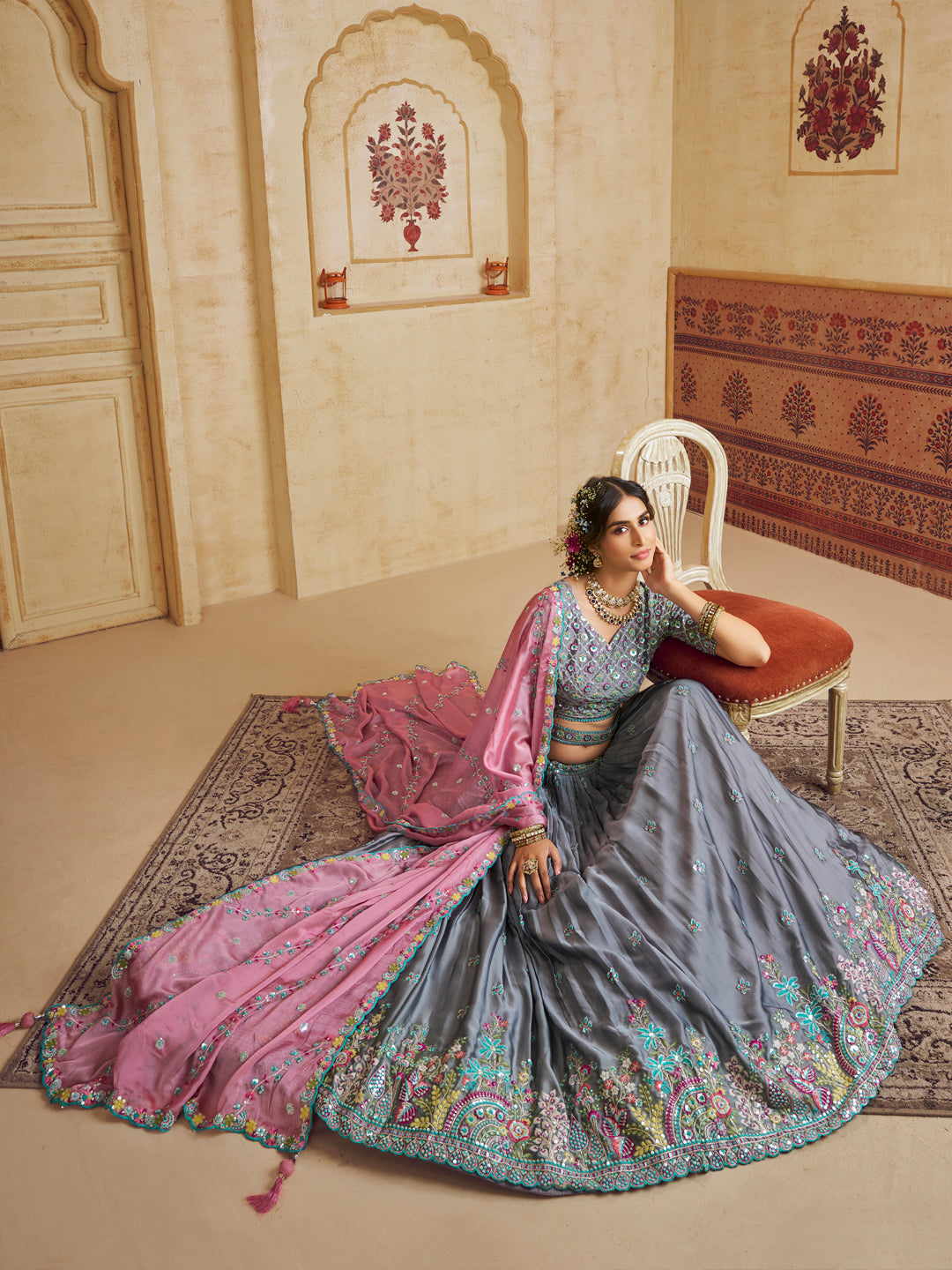 Grey Color Silk Fabric Sequins embroidery Lehenga choli & Dupatta - qivii