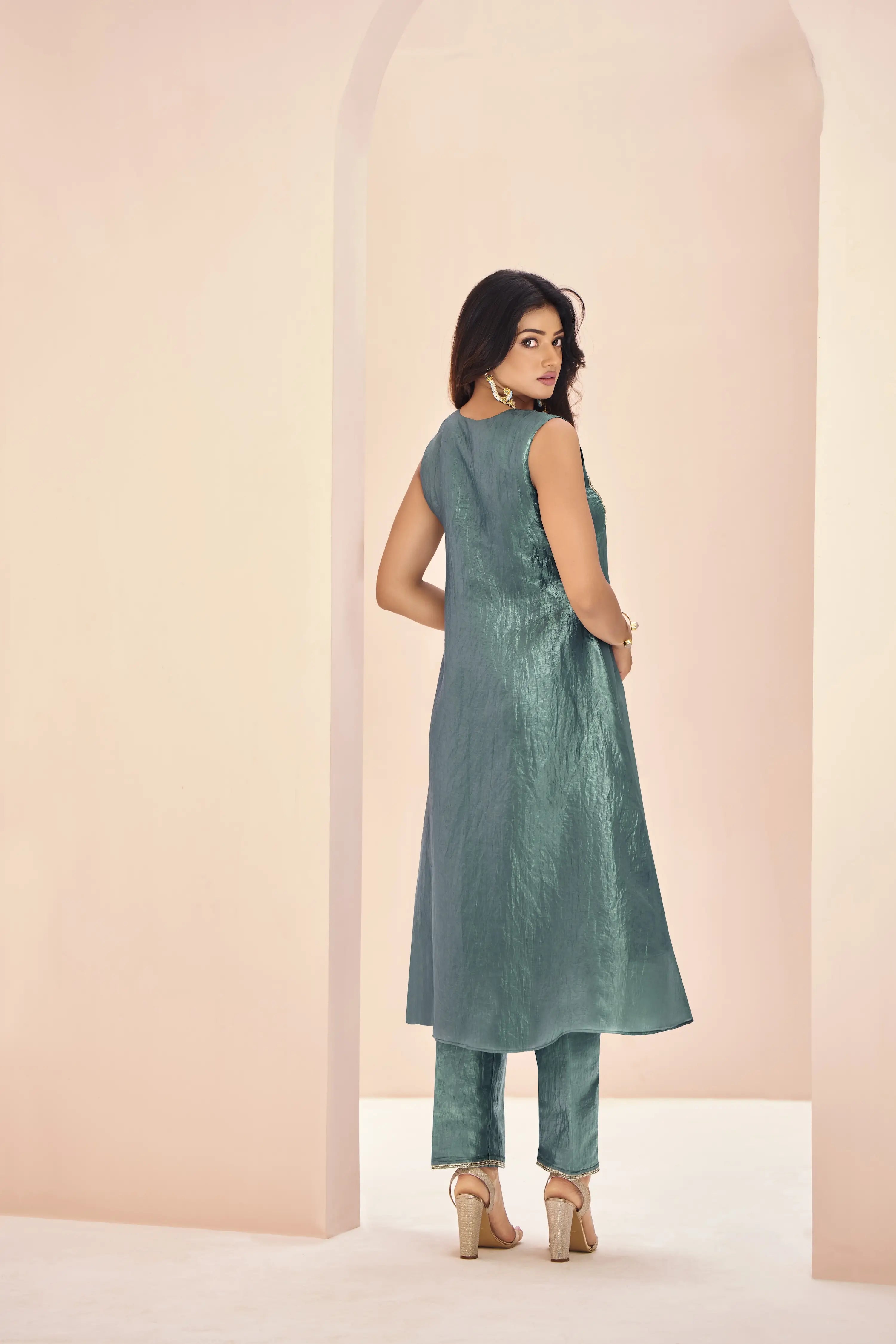 Aqua Green Organza Salwar Suit With Handwork - qivii