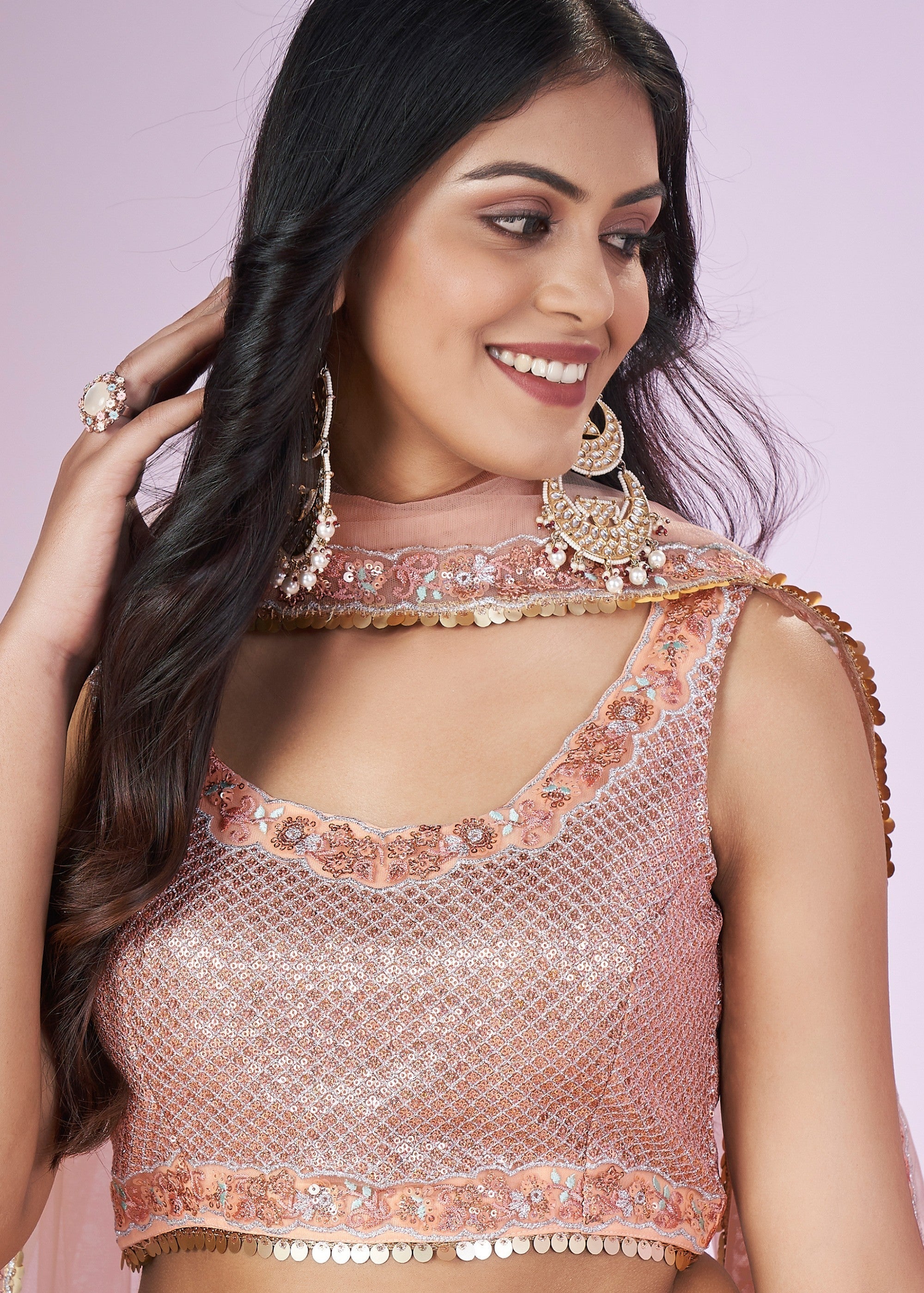 Peach Pink Net Lehenga Choli With Sequins And Thread Embroidery Work | Ready To Wear - qivii