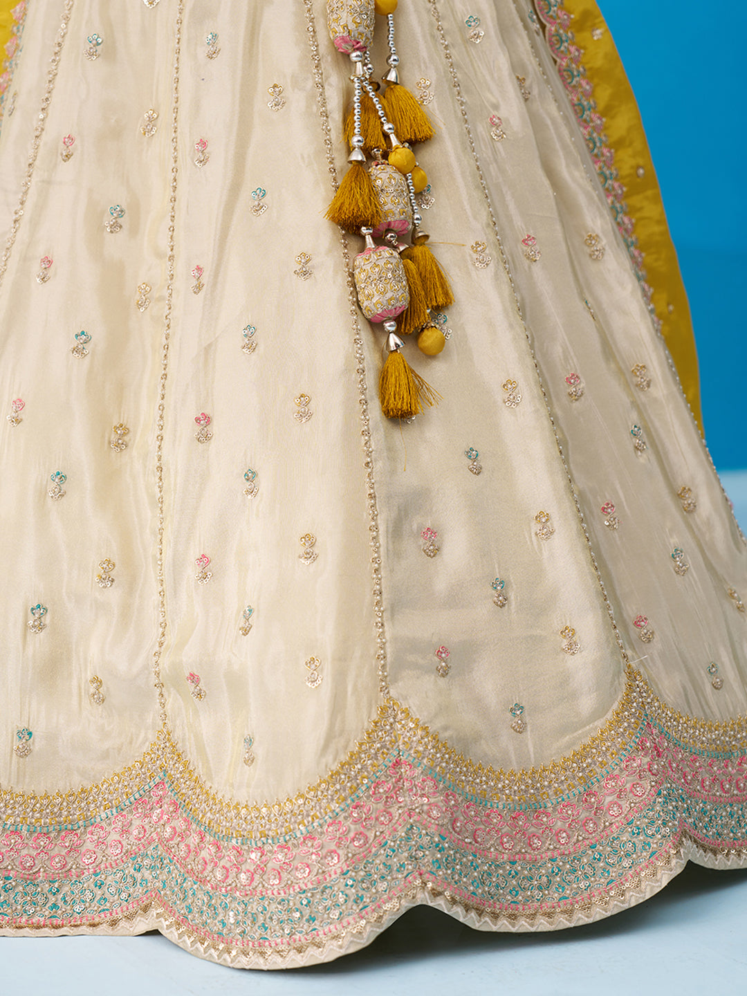 Mustard Tissue Sequins Embroidered Lehenga Set