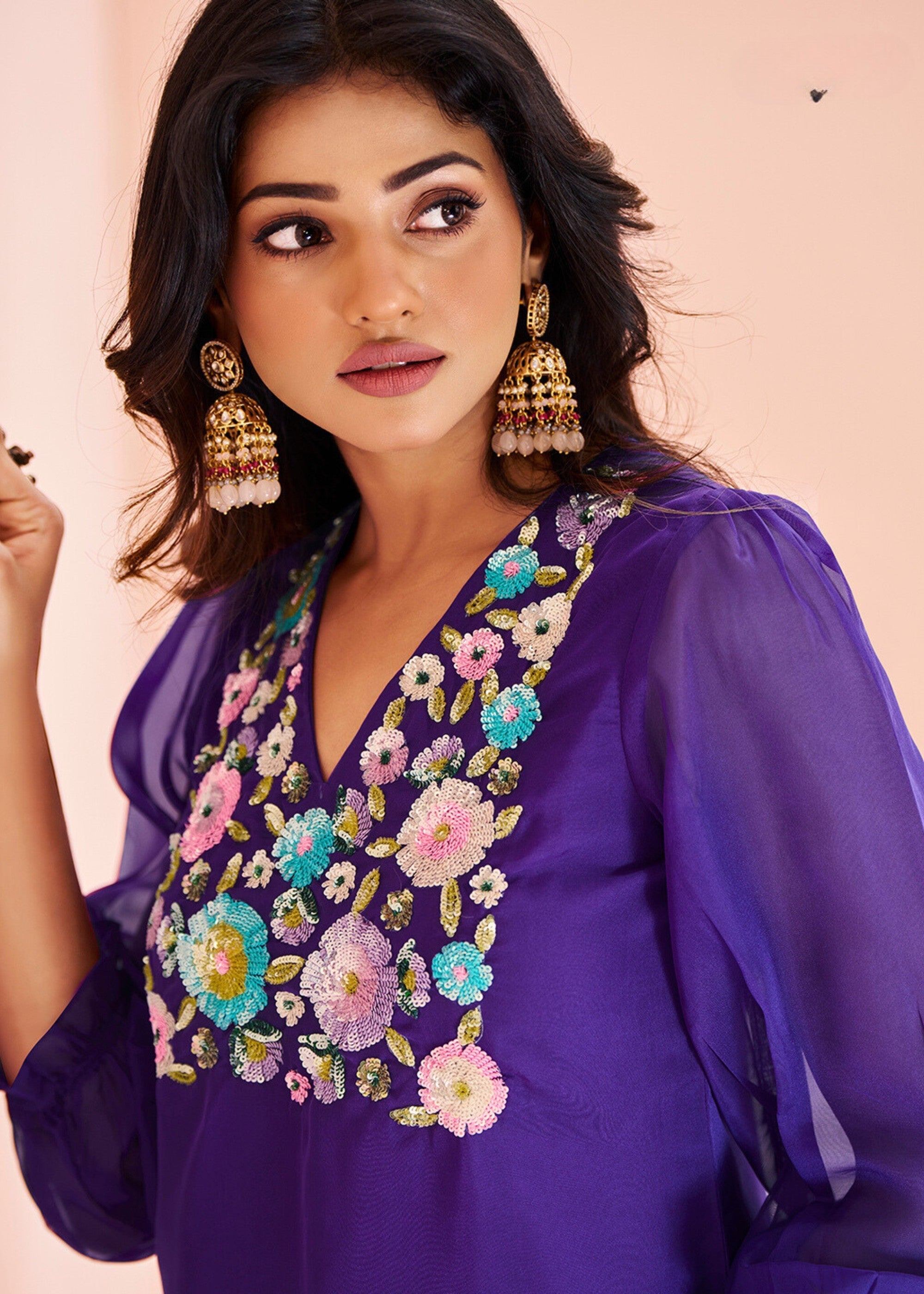 Vibrant Purple Organza Handwork Kurta with Pant - qivii