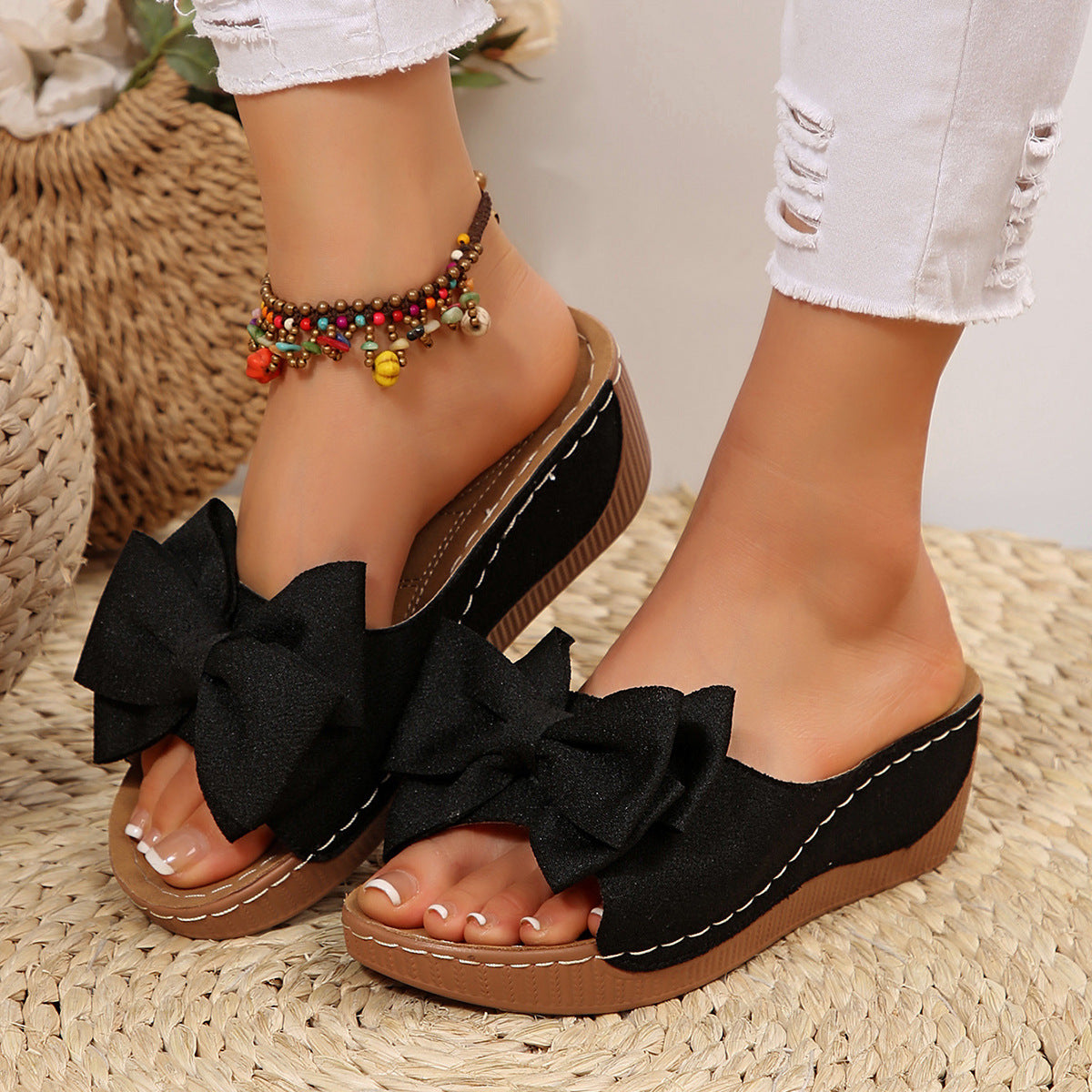 Women’s Liora Bow Flower Platform Wedge Slide Sandals – Peep-Toe Wide Strap Summer Slides (US 5–10.5)