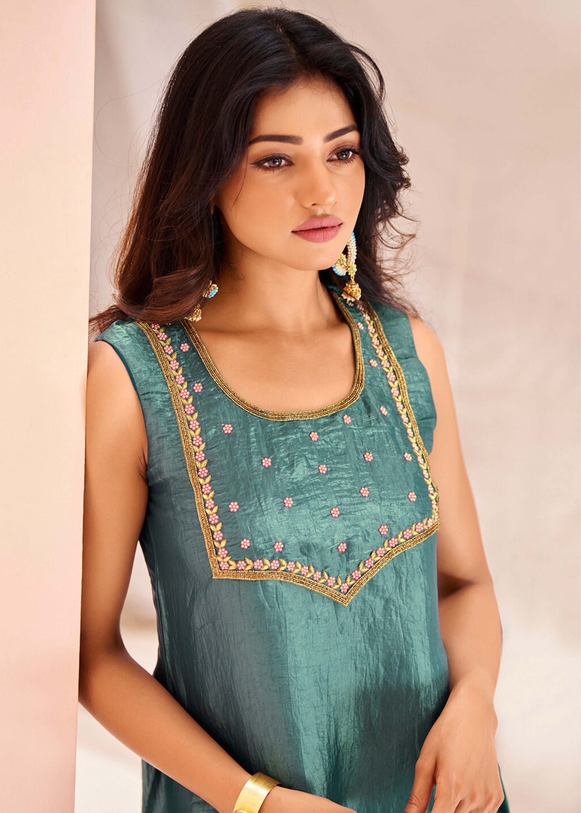 Aqua Organza Handwork Kurta with Pant - qivii