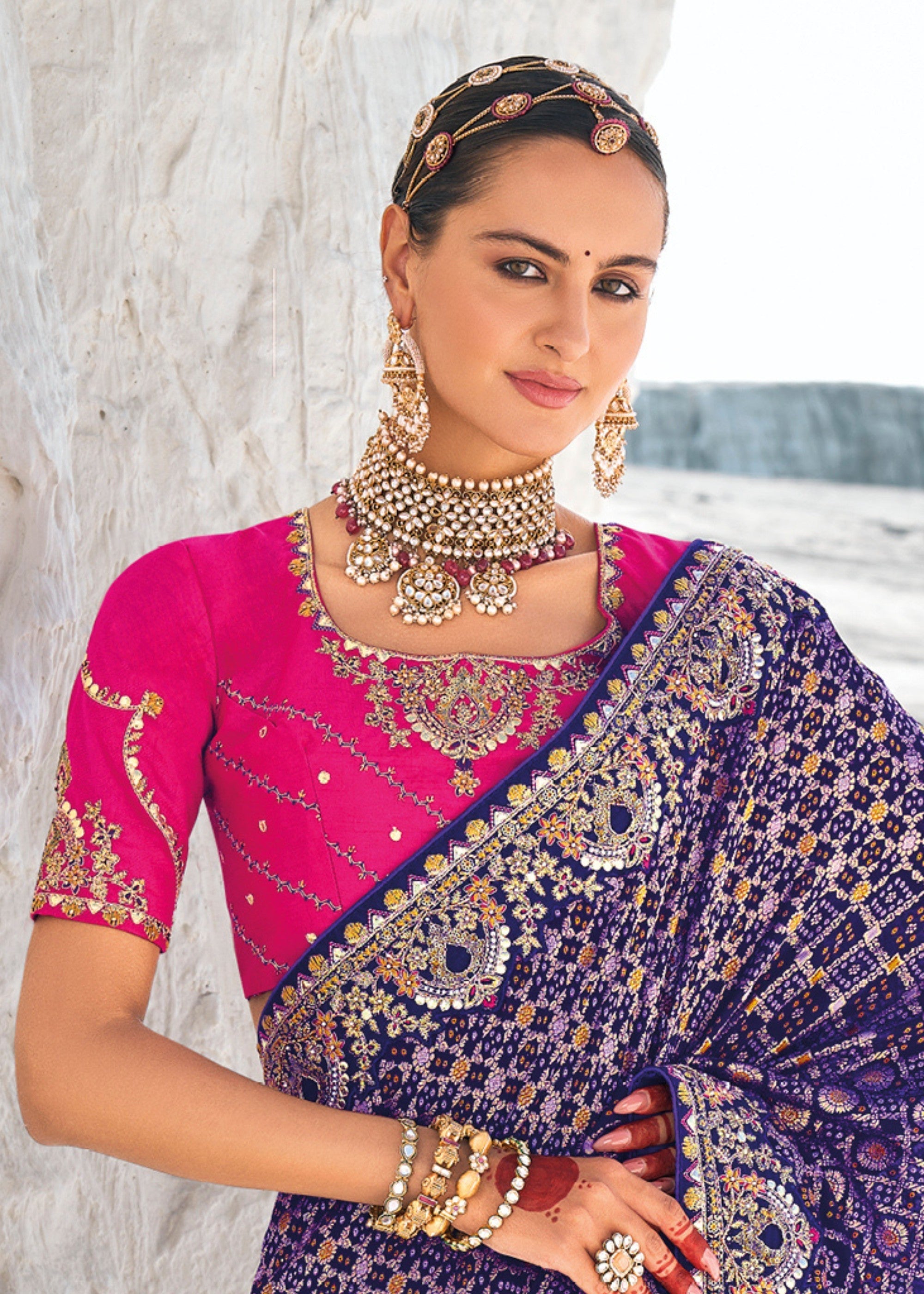 Berry Blue Pure Georgette Bandhani Patola With Zari Weaving Heavy Work Saree - qivii