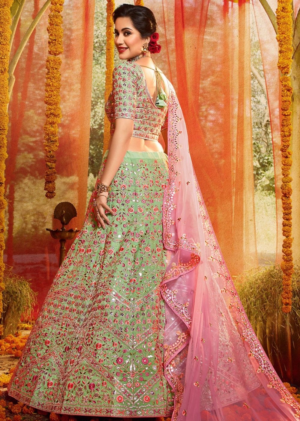 Mint Green Organza Designer Lehenga Choli with Foil, Mirror, Thread and Zari work (Pre-Order) | Ready To Wear - qivii