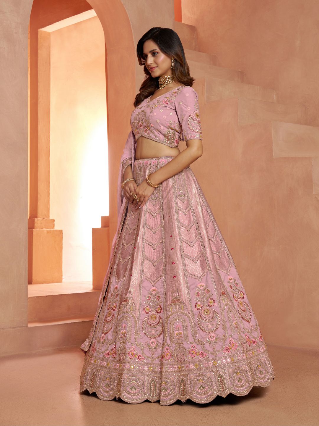 Premium Pink Banarasi Bridal Lehenga with Soft Pastel Tones