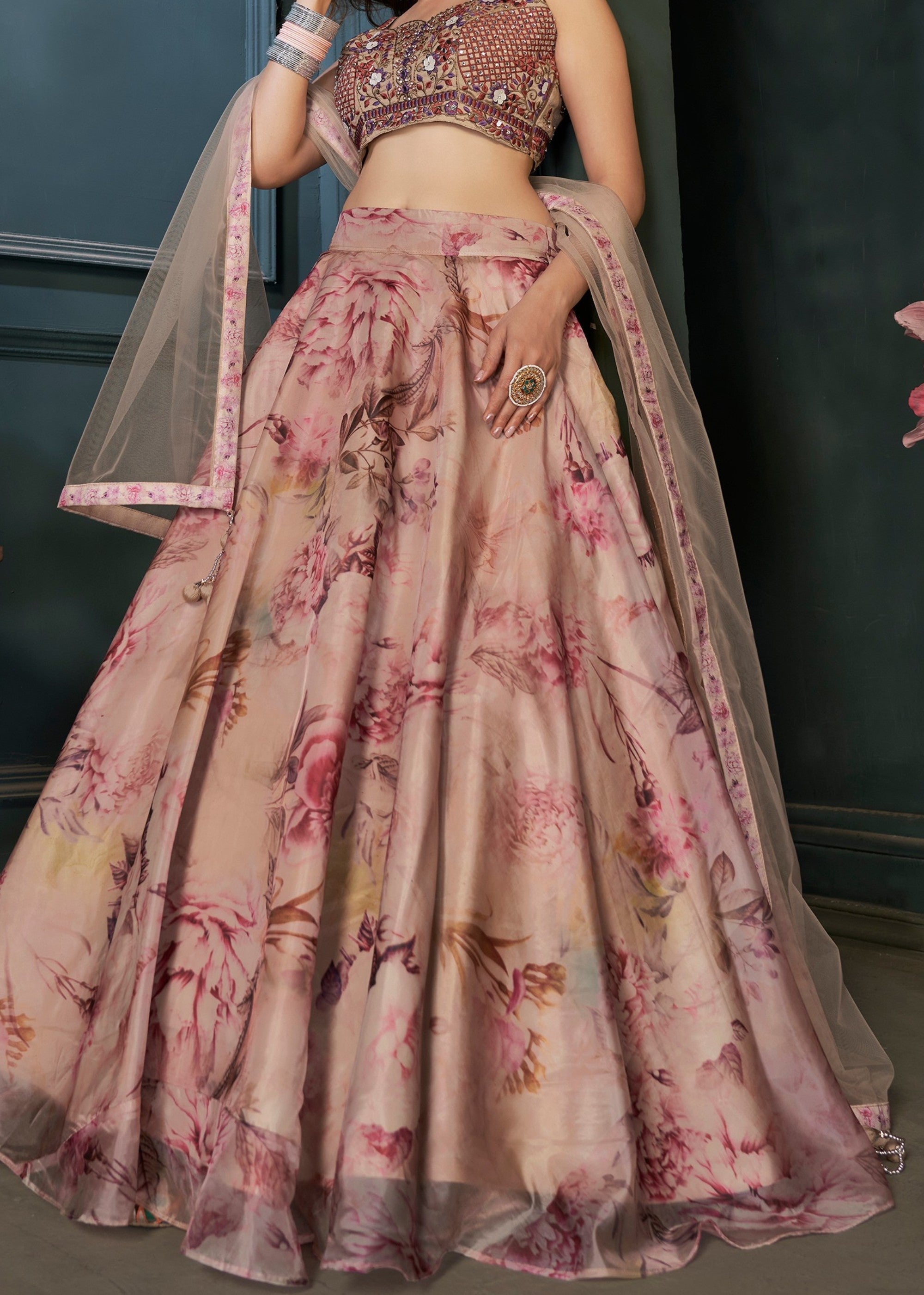 Multi Colour Digital Print and Handwork Organza Silk Lehenga | Ready To Wear - qivii