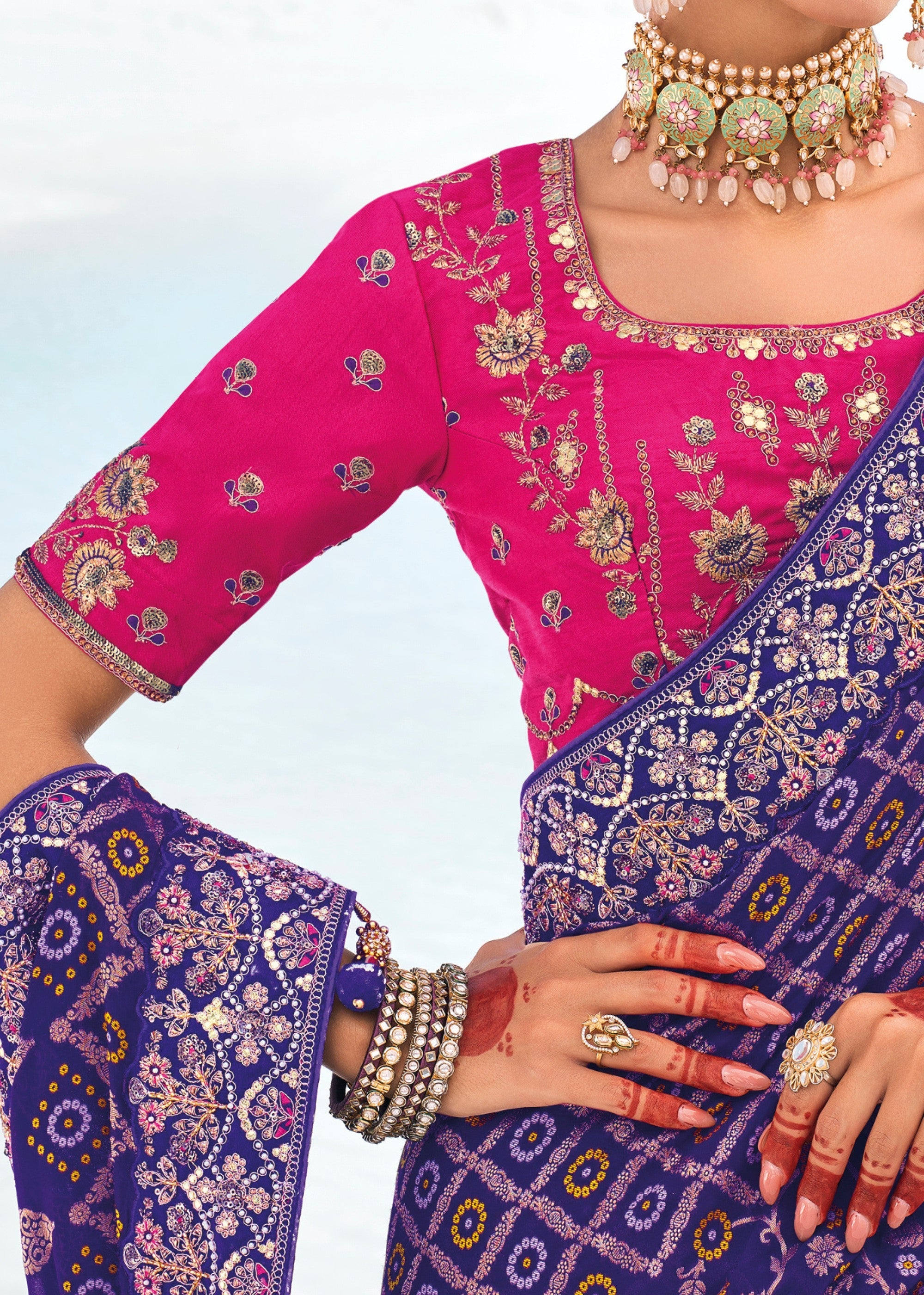 Indigo Blue Pure Georgette Bandhani Patola With Zari Weaving Heavy Work Saree - qivii