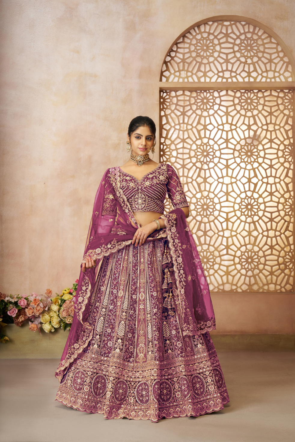 Royal Grandeur Purple Soft Net Bridal Lehenga with Paisley & Peacock Motifs - qivii