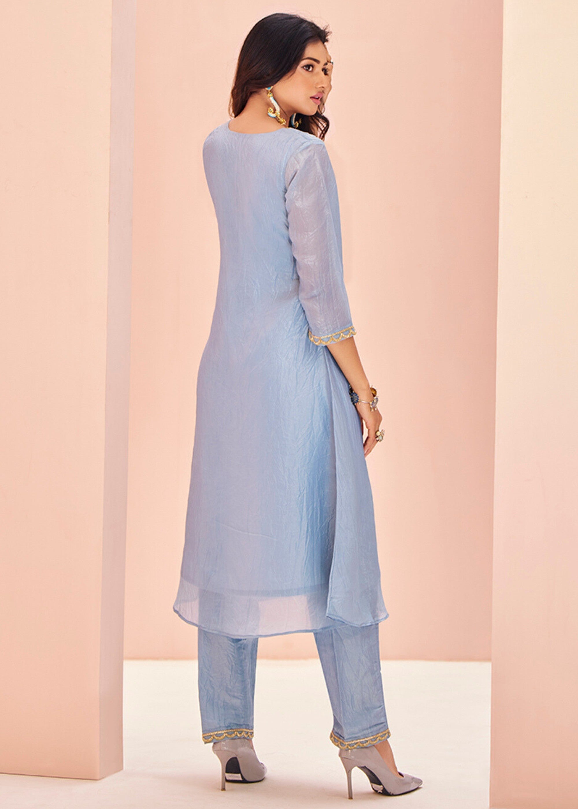 Pastel Blue Organza Handwork Kurta with Pant - qivii
