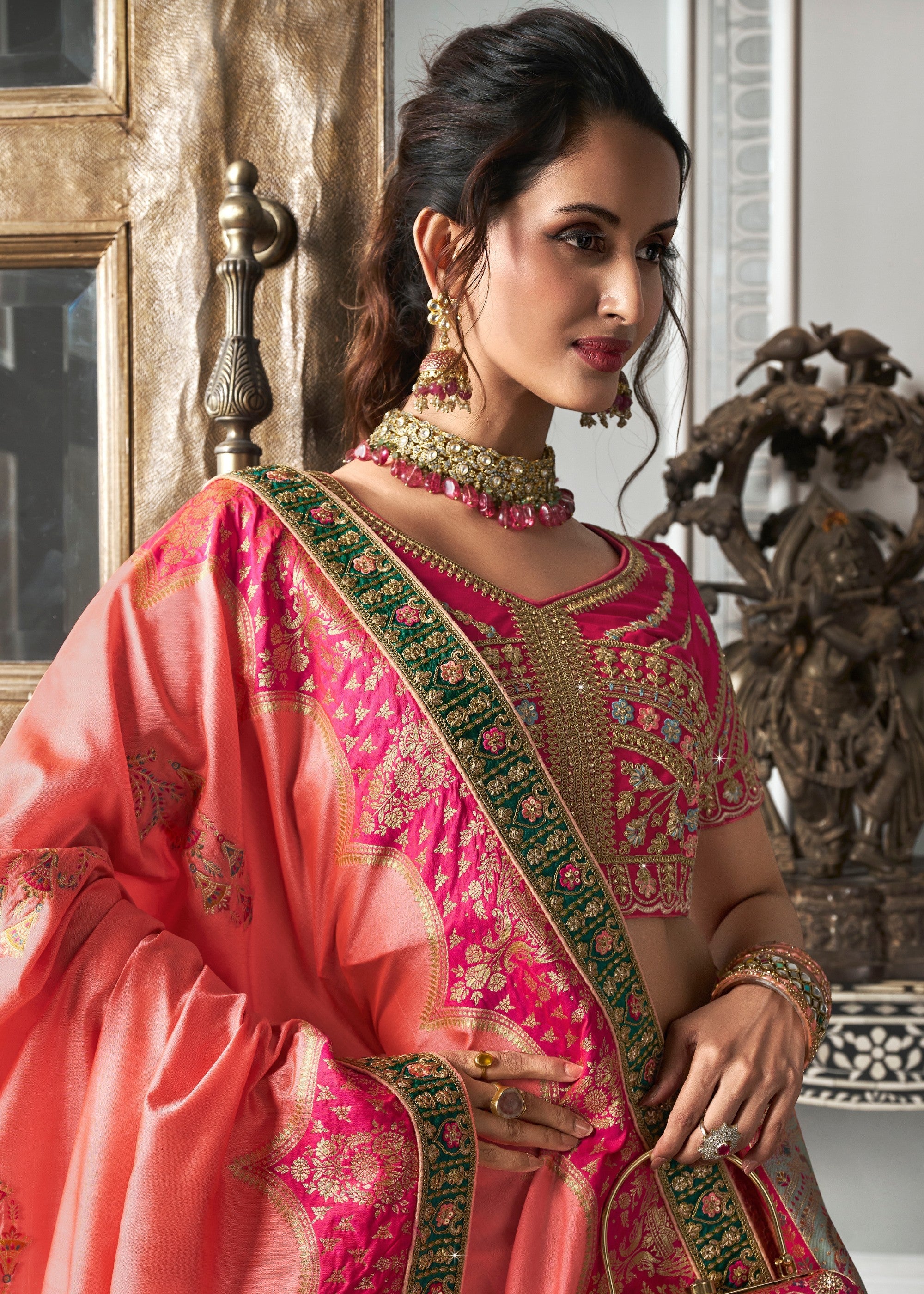 Peach & Pink Banarasi Silk Lehenga with Zarkan Codding work | Ready To Wear - qivii
