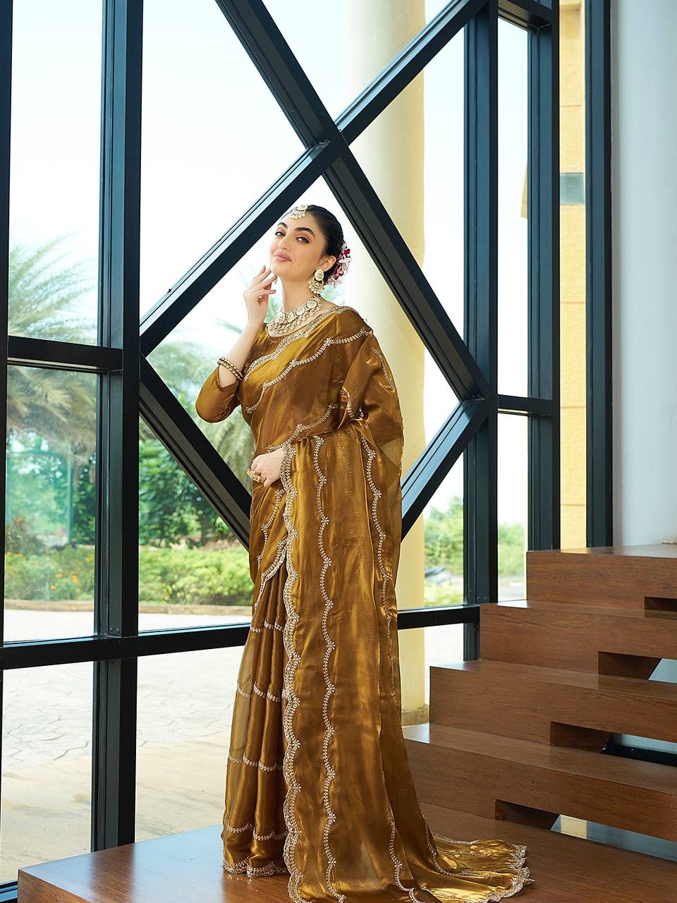 MEHENDI SILK WITH SEQUENCE EMBROIDERY DESIGN WORK SAREE - INSPIRED - qivii