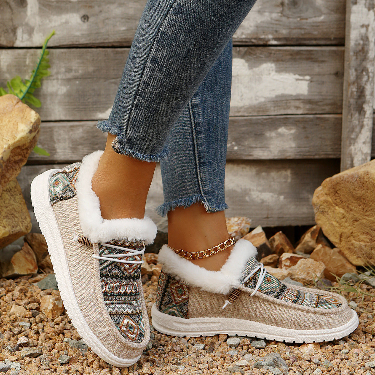 Women's Folklore Plush Flat Boots - Ethnic Print Lace-Up Winter Snow Shoes with Cozy Fleece Lining- US(5-10.5)