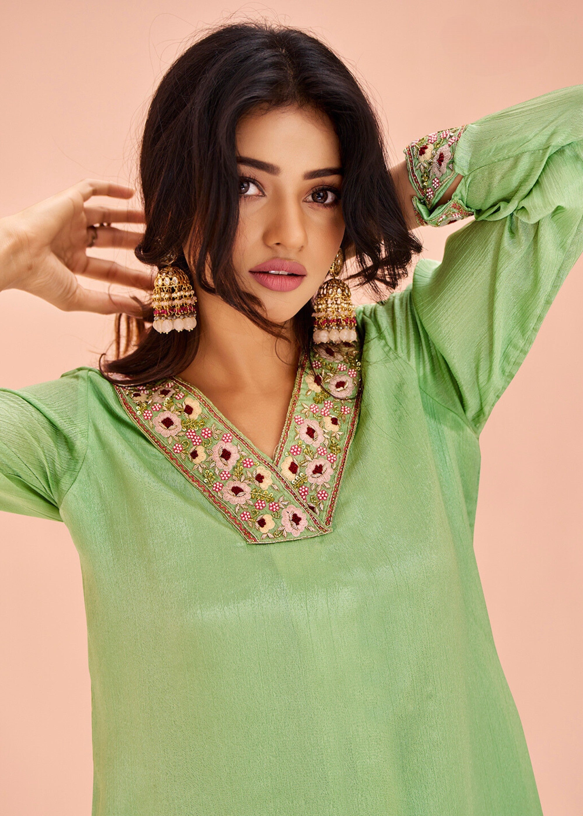 Chinon Green Handwork Kurta with Pant - qivii