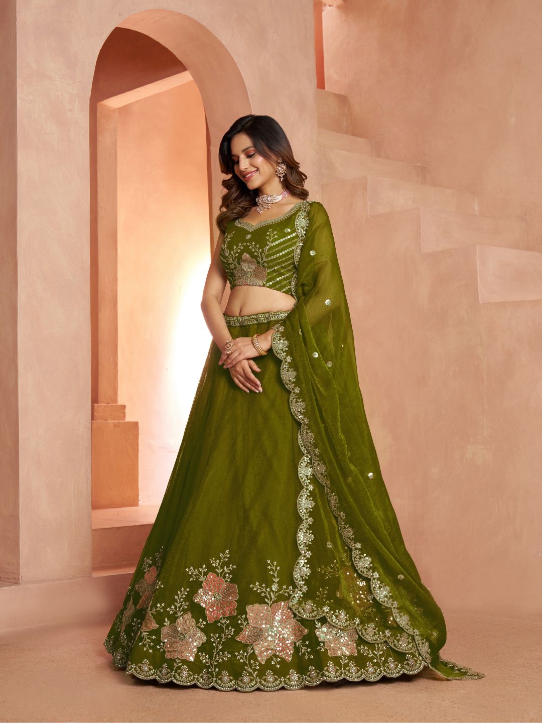 Elegant Floral Green Embroidered Tissue Lehenga Choli Set