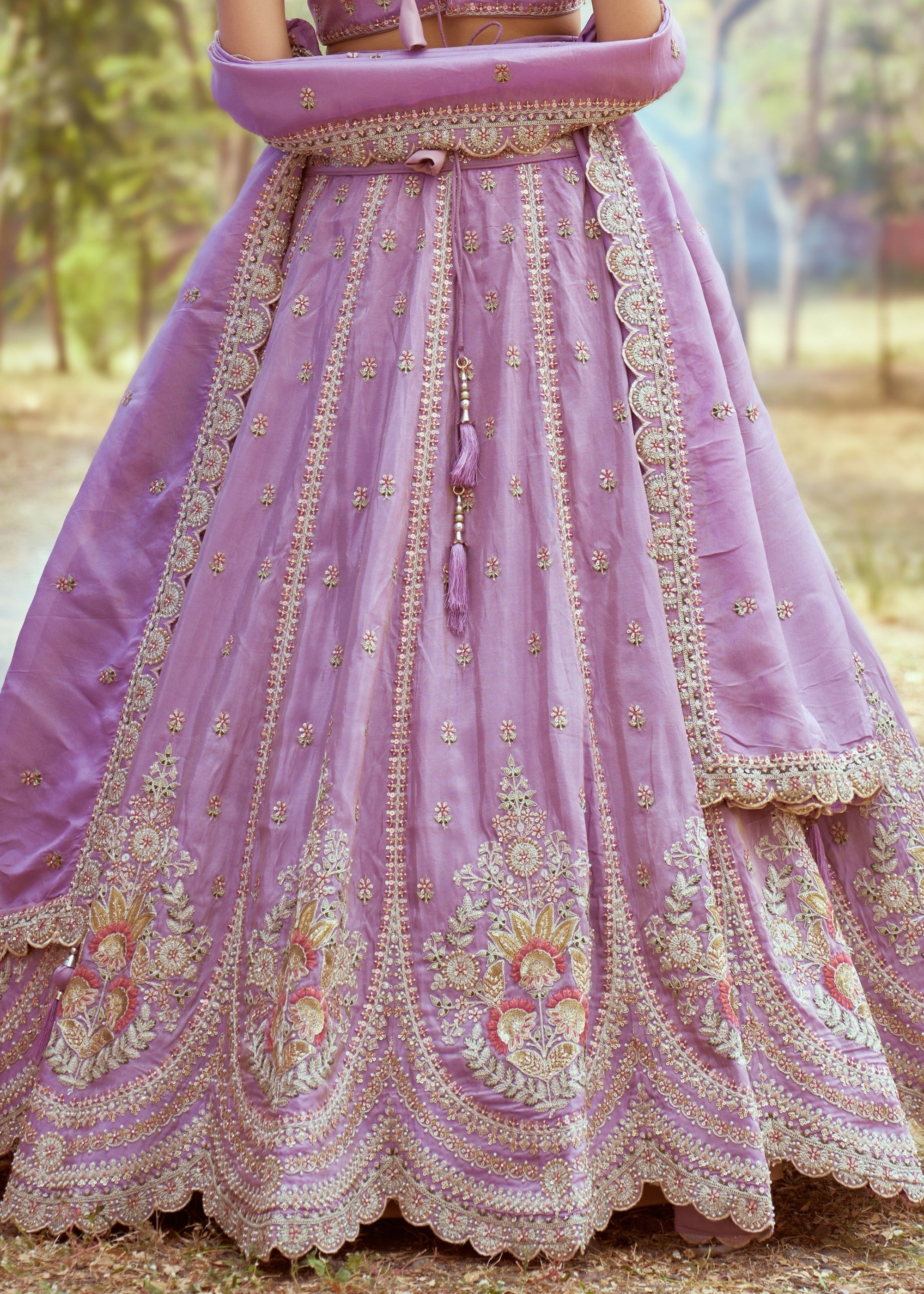Lavender Gold crushed Tissue Fabric Moti, Zari work Lehenga | Ready To Wear - qivii