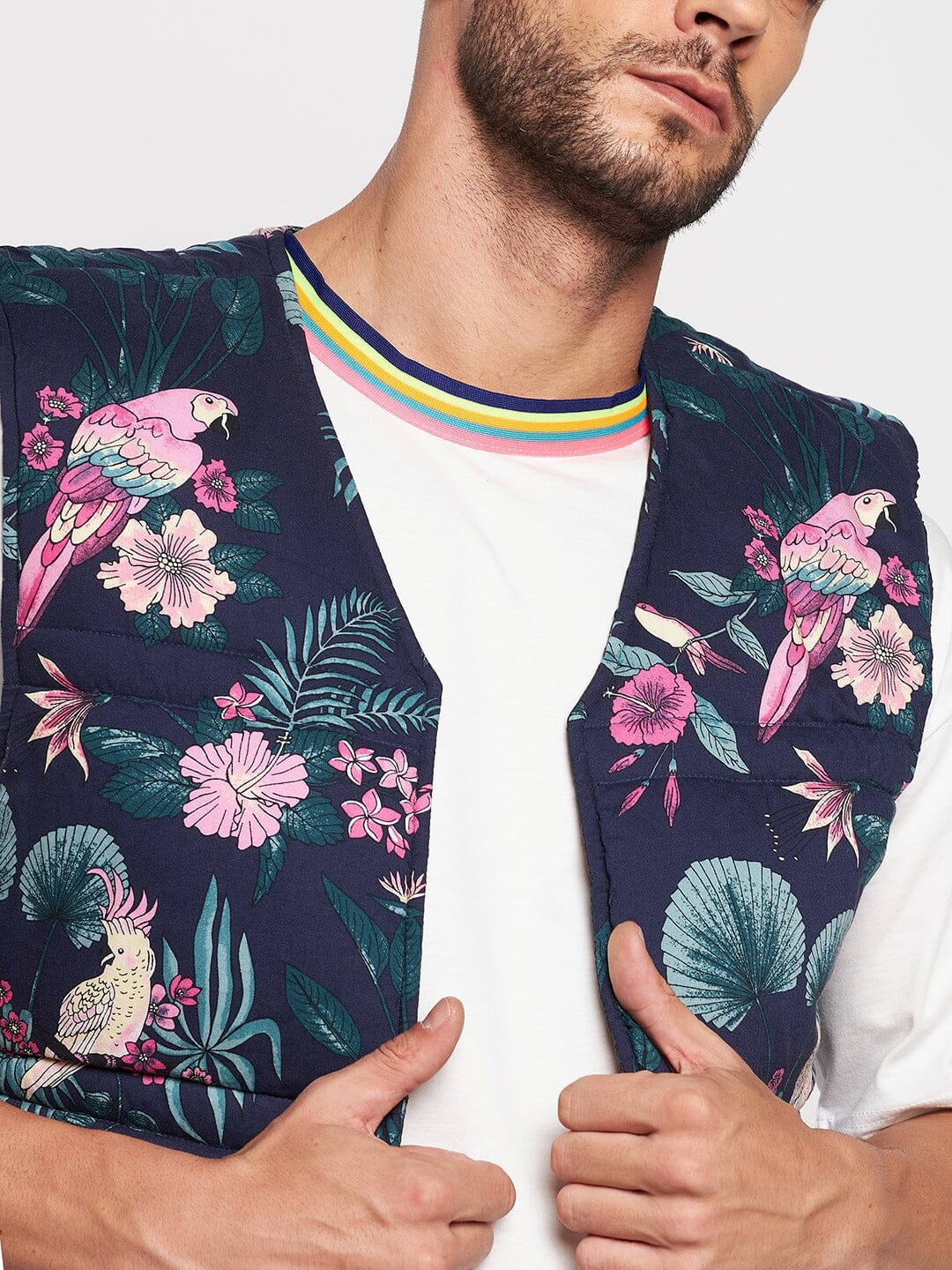 Navy Floral Print Sleeveless Puffer Jacket