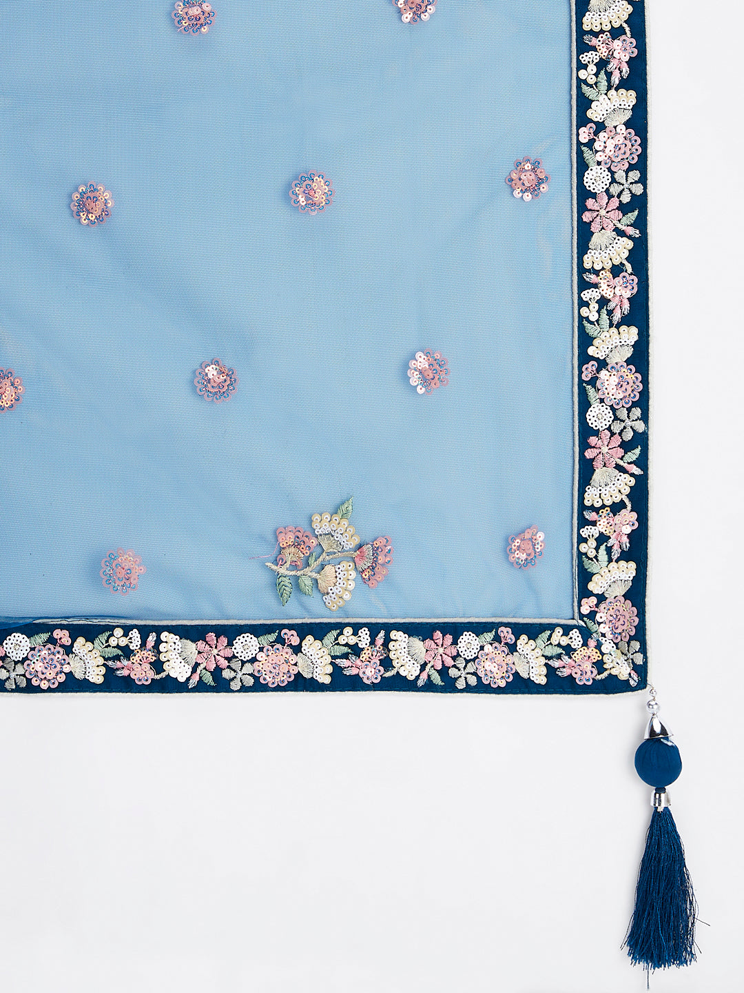 Navy Blue - Multi-Sequins & Thread Work Embroidery Net Semi-Stitched Lehenga - qivii