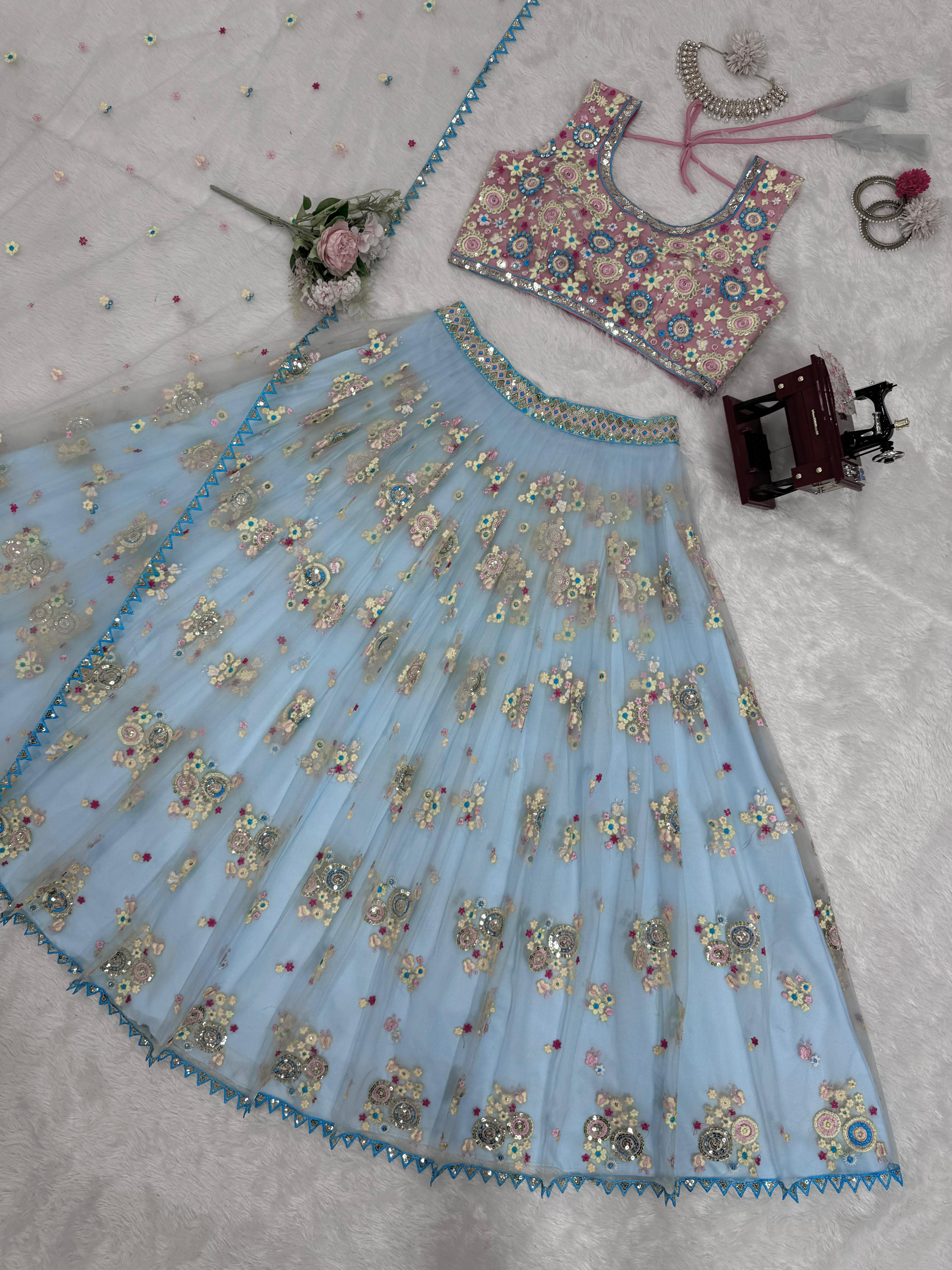 Sky Blue Butterfly net Thread with Sequnce Lehenga Choli - INSPIRED | Ready To Wear - qivii
