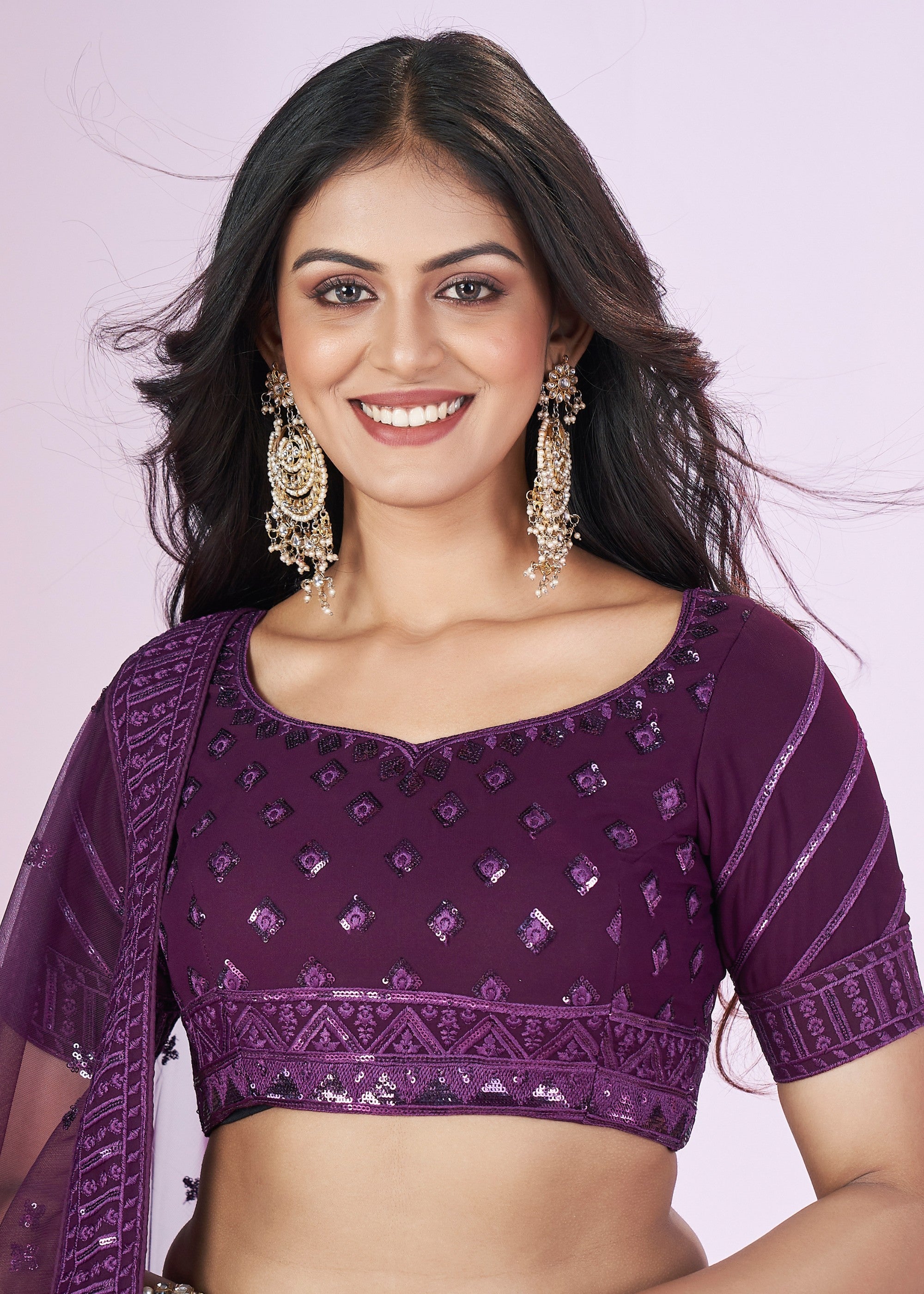 Dark Purple Georgette Lehenga Choli With Sequins And Thread Embroidery Work | Ready To Wear - qivii