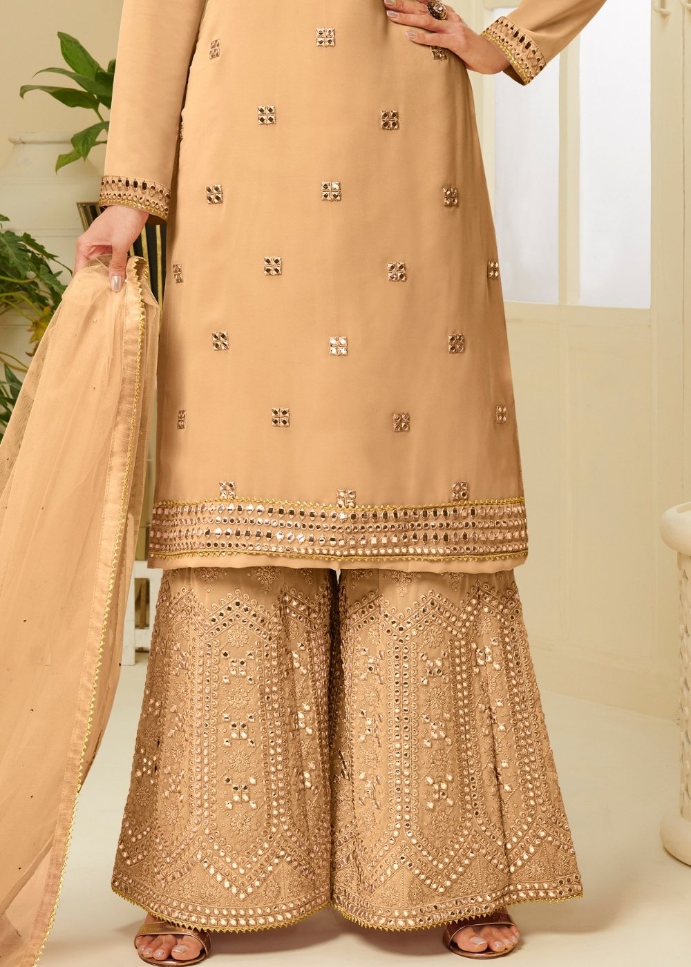 Mustard Yellow Georgette Sharara Suit with Gota work & Embroidery - qivii