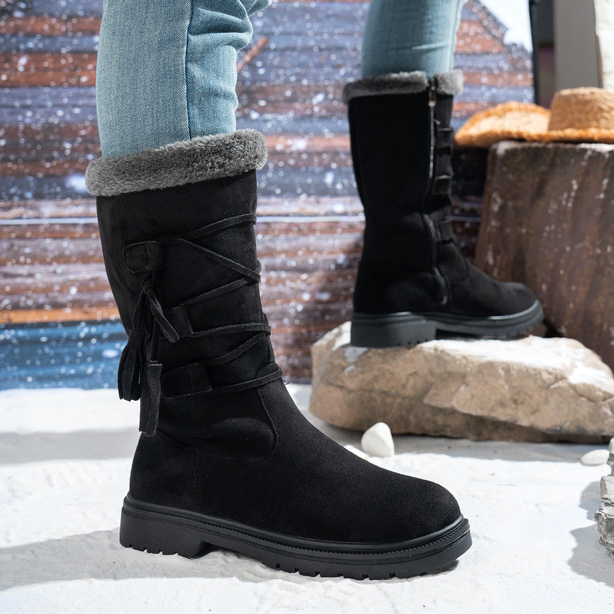 Women's Marlowe Fleece-Lined Mid-Calf Snow Boots - Lace-Up Winter Boots with Side Zip & Faux Fur Trim (US 5-10.5)