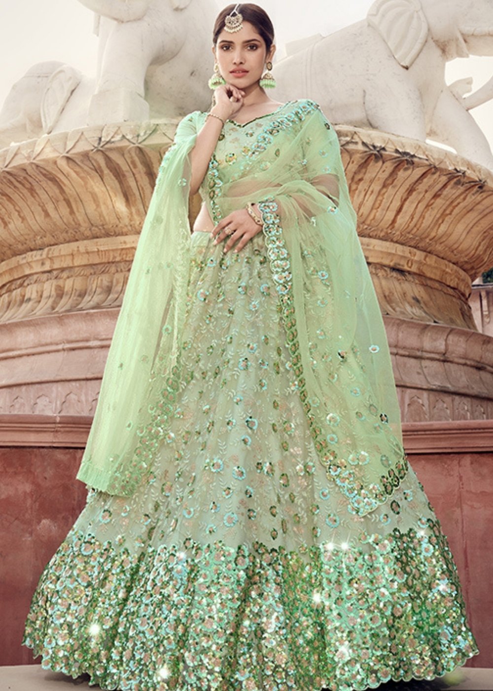 Mint Green Designer Soft Net Lehenga Choli with Sequins & Thread work | Ready To Wear - qivii