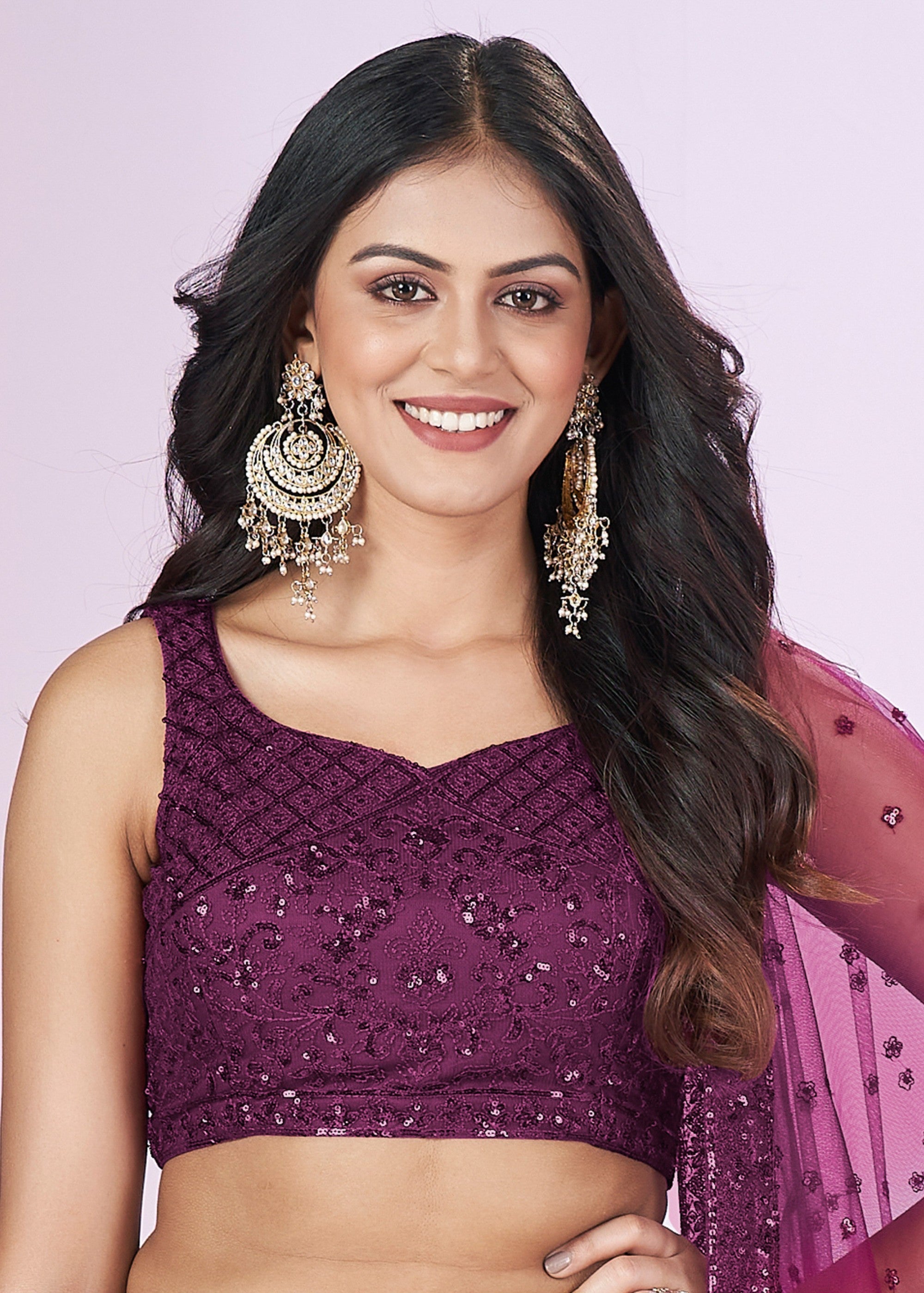 Jam Purple Net Lehenga Choli With Sequins And Thread Embroidery Work | Ready To Wear - qivii